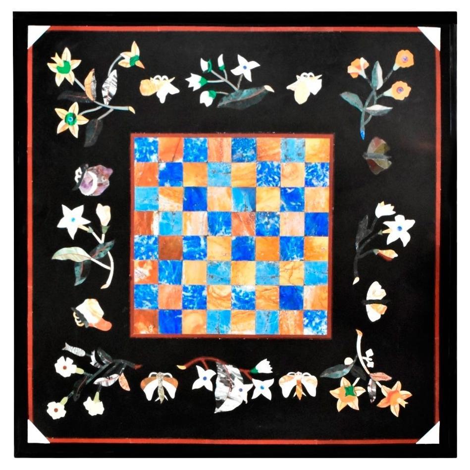 1990s Spanish Handmade Pietra Dura Inlay Mosaic Square Table Top W/ Chess Board For Sale