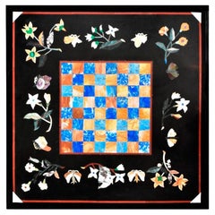 1990s Spanish Handmade Pietra Dura Inlay Mosaic Square Table Top W/ Chess Board