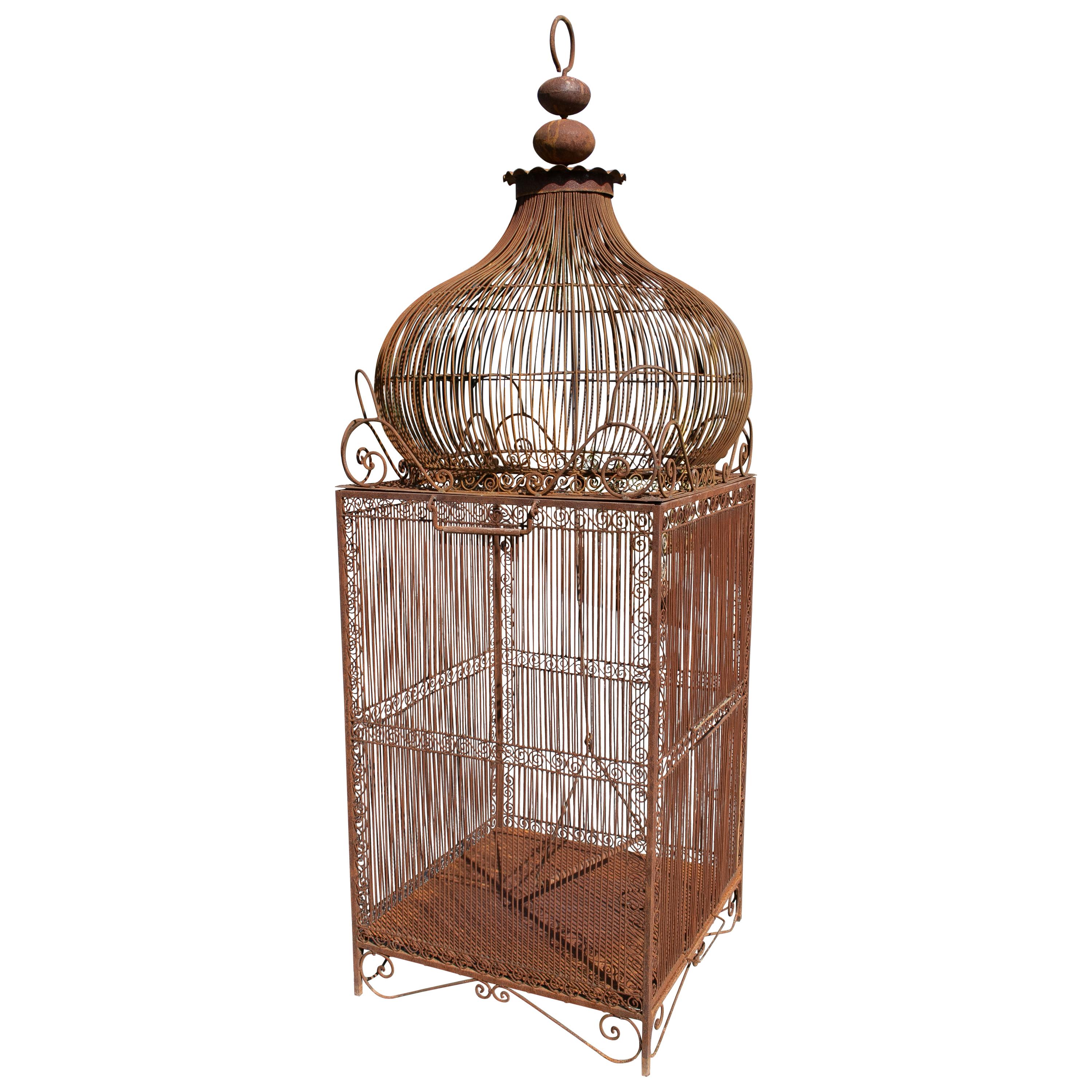 1990s Spanish Large Wrought Iron Bird Cage with Dome