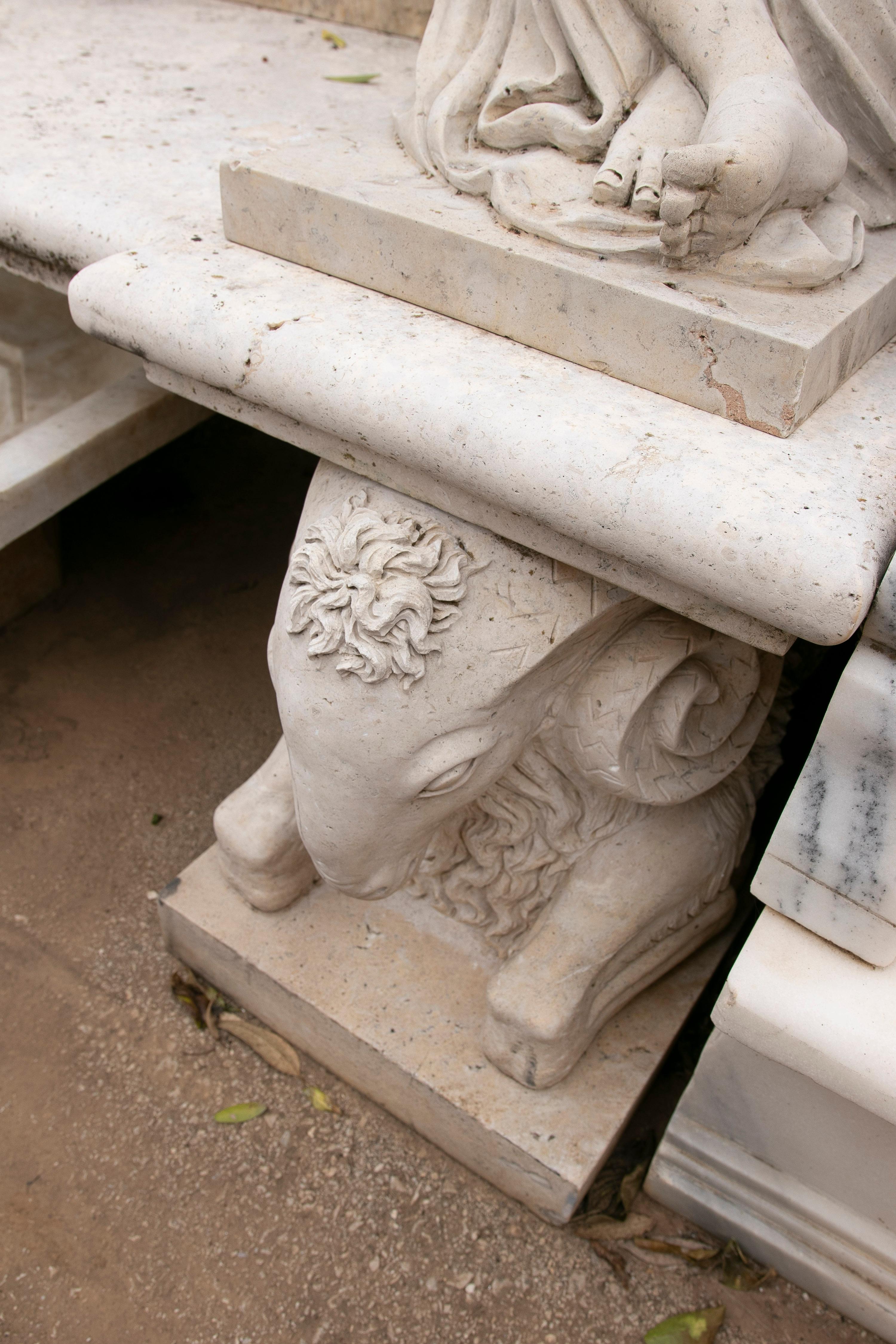 1990s Spanish Limestone Marble 2-Seater Renaissance Bench w/ Sculptures 9