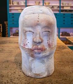 1990s Spanish Modern Abstract Painted Terracotta Ceramic Japanese Man Bust Head
