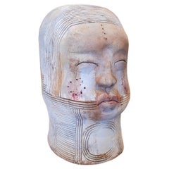 1990s Spanish Modern Abstract Painted Terracotta Ceramic Japanese Man Bust Head