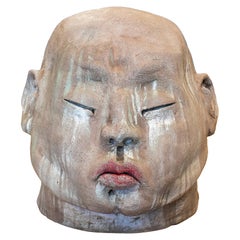 1990s Spanish Modern Painted Terracotta Ceramic Japanese Man Bust Head