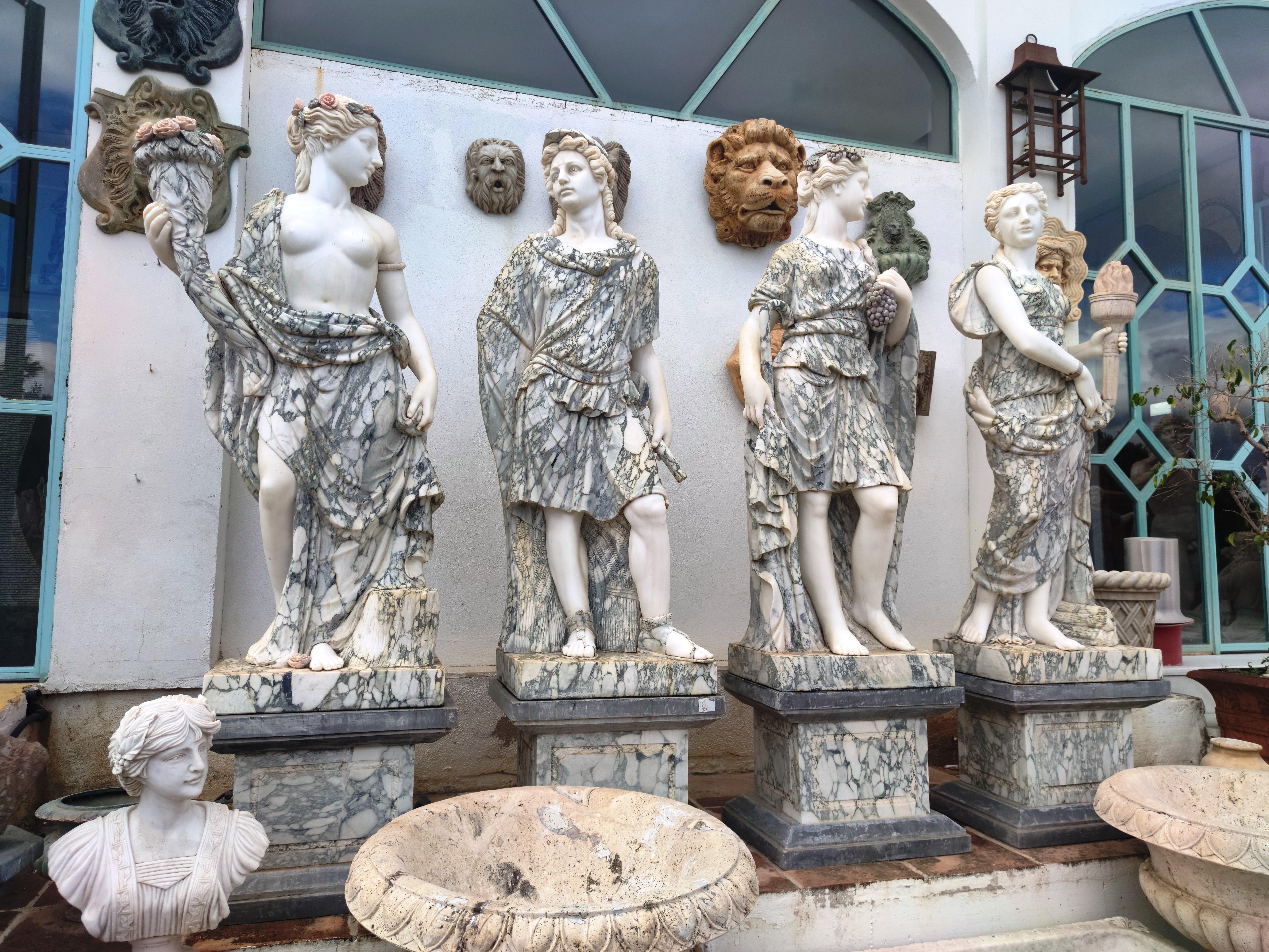 European 1990s Spanish Monumental Set of Four Seasons Marble Sculptures w/ Bases