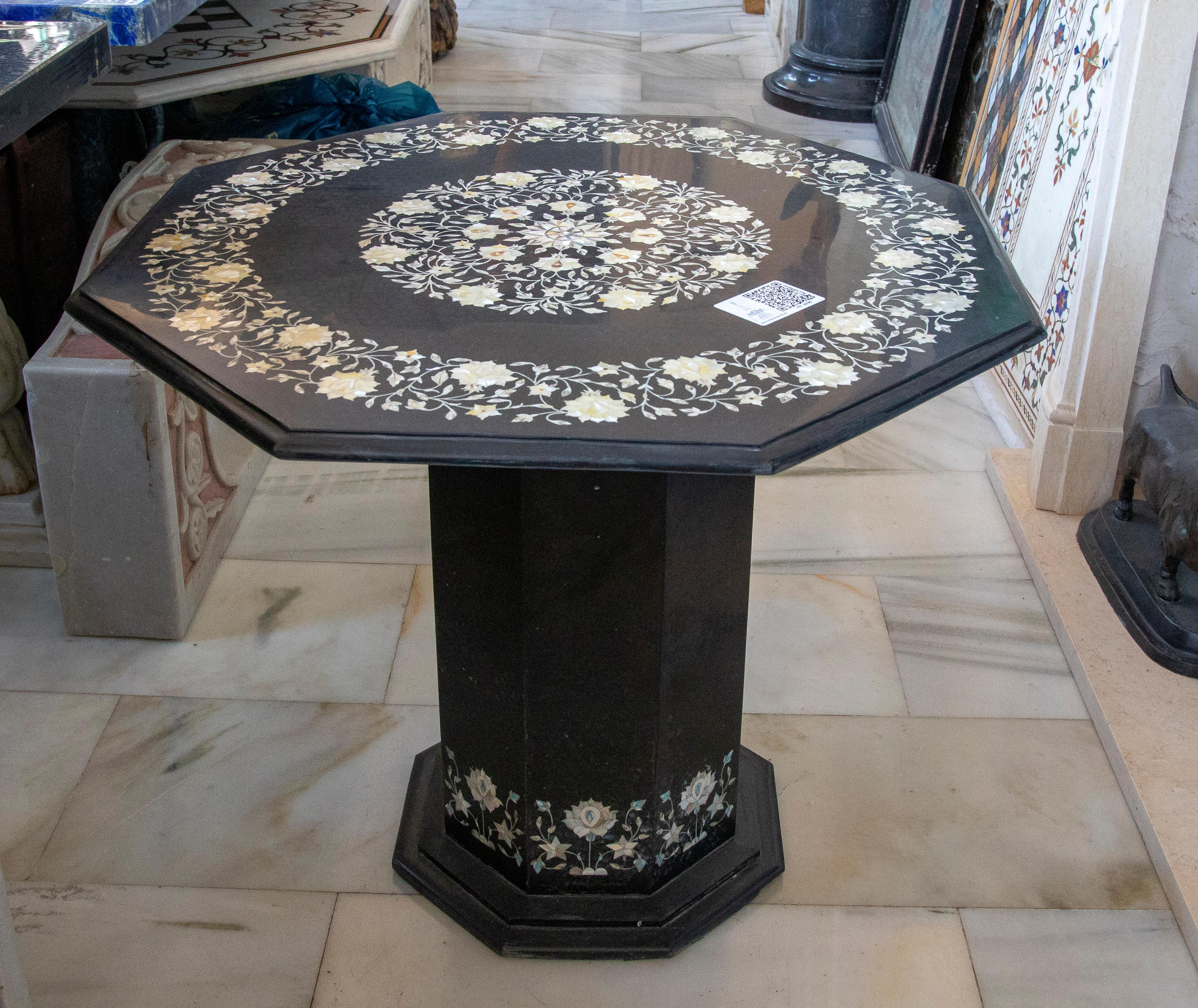 1990s Spanish mother of pearl Pietra Dura inlay mosaic octagonal side table with pedestal.