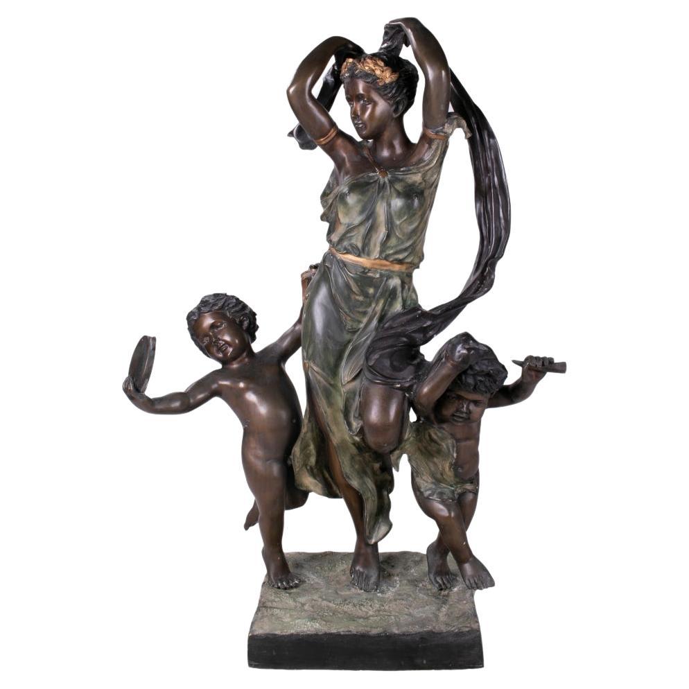 1990s Spanish Painted Cast Bronze Woman and Two Boys Dancing Figure Sculpture For Sale