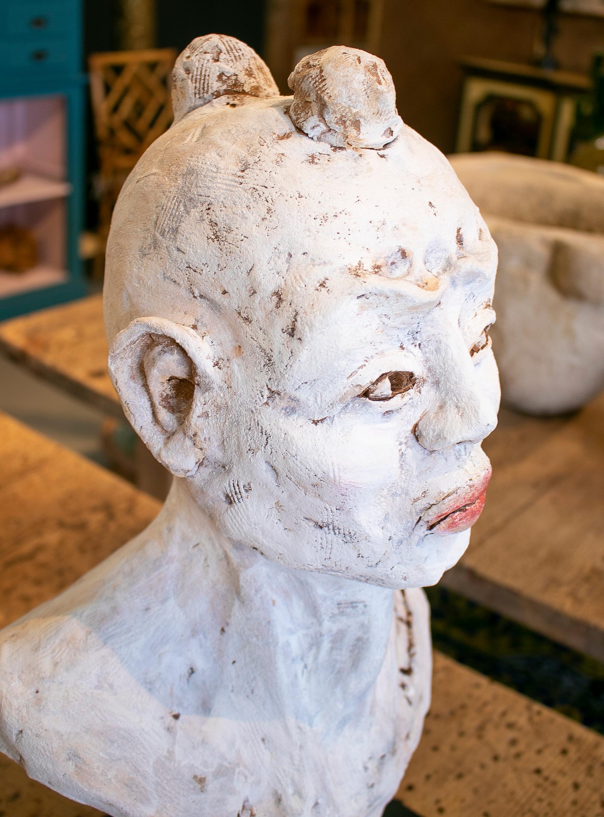 1990s Spanish Painted Terracotta Ceramic Japanese Man Bust Head 6