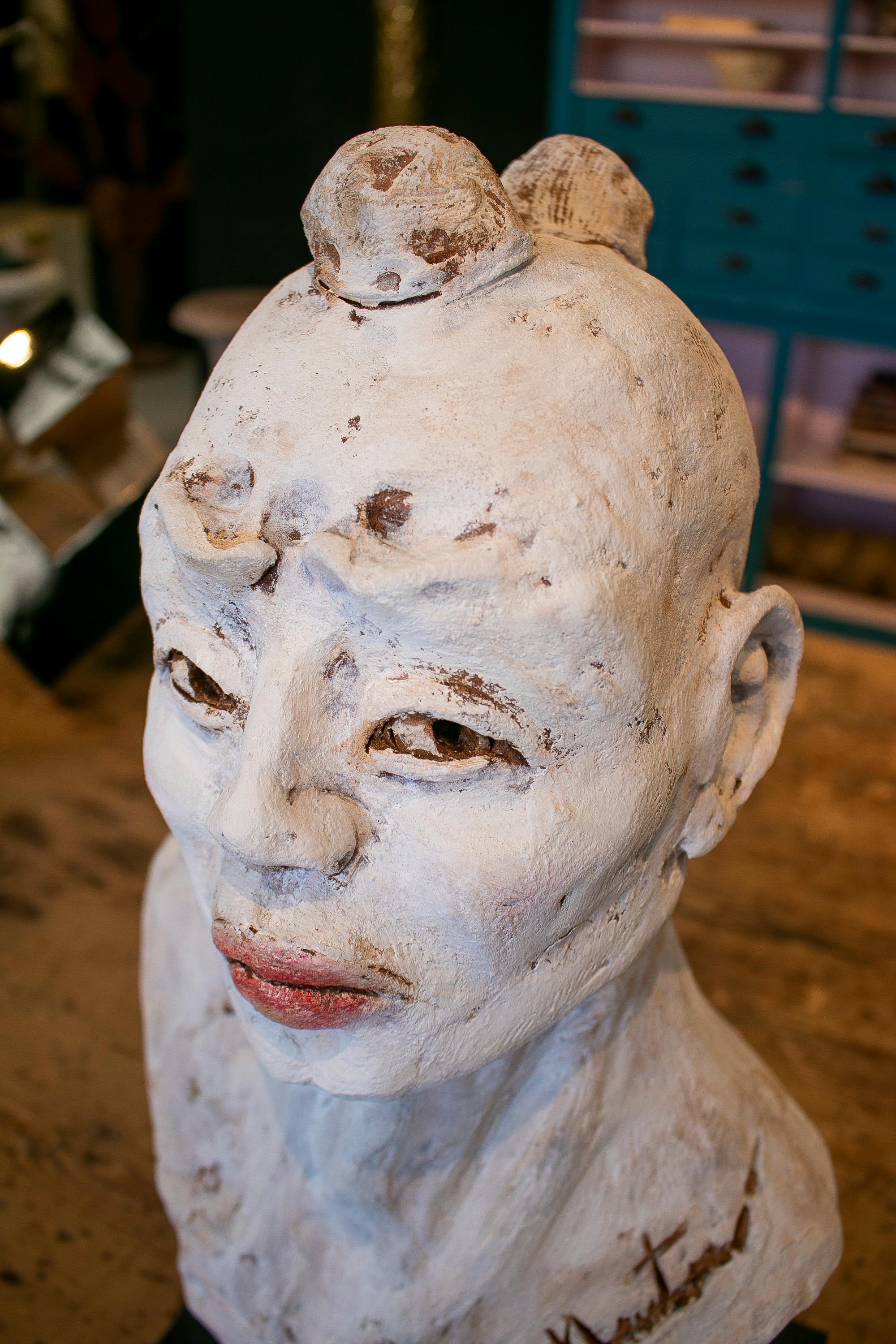 1990s Spanish Painted Terracotta Ceramic Japanese Man Bust Head 8