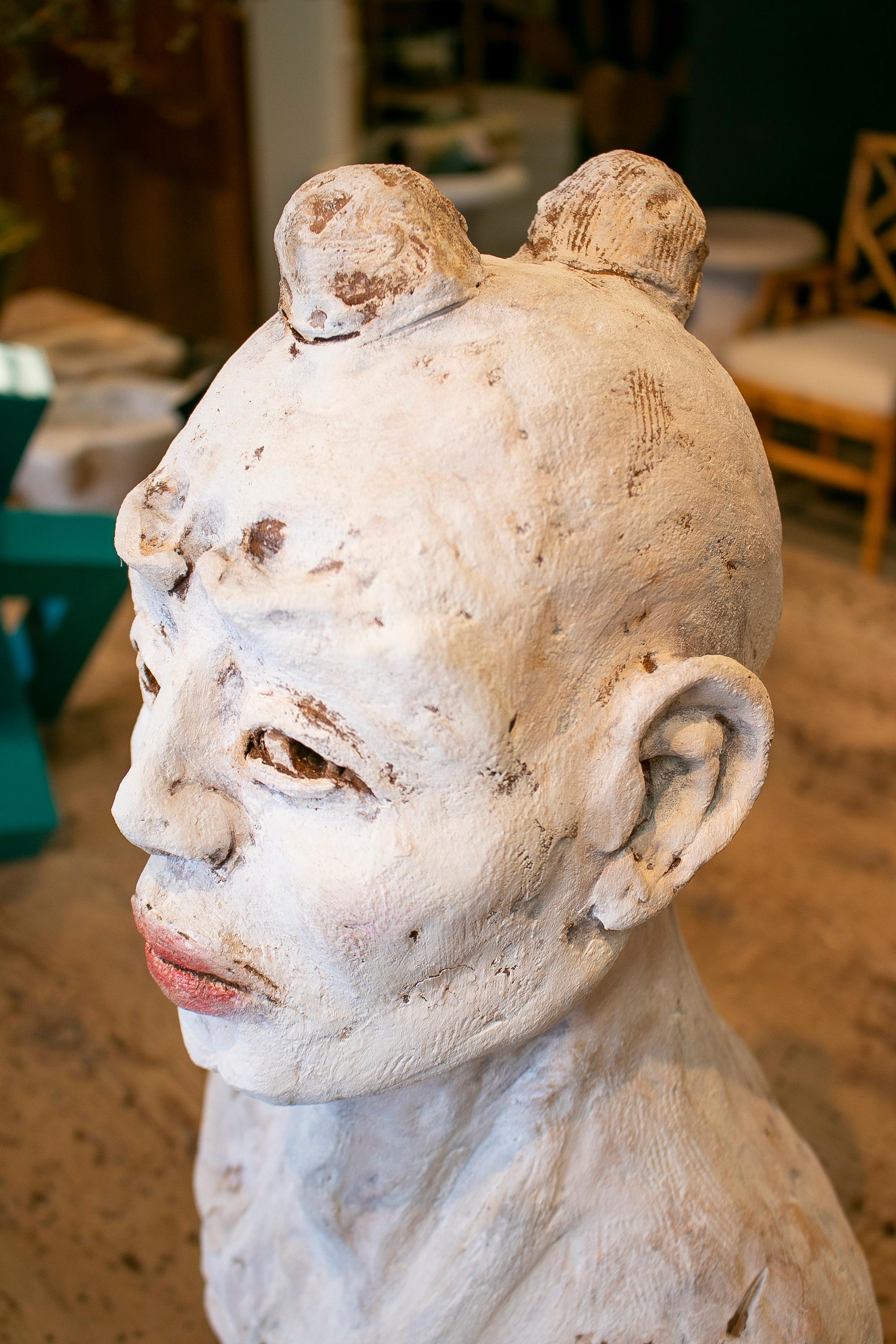 1990s Spanish Painted Terracotta Ceramic Japanese Man Bust Head 9