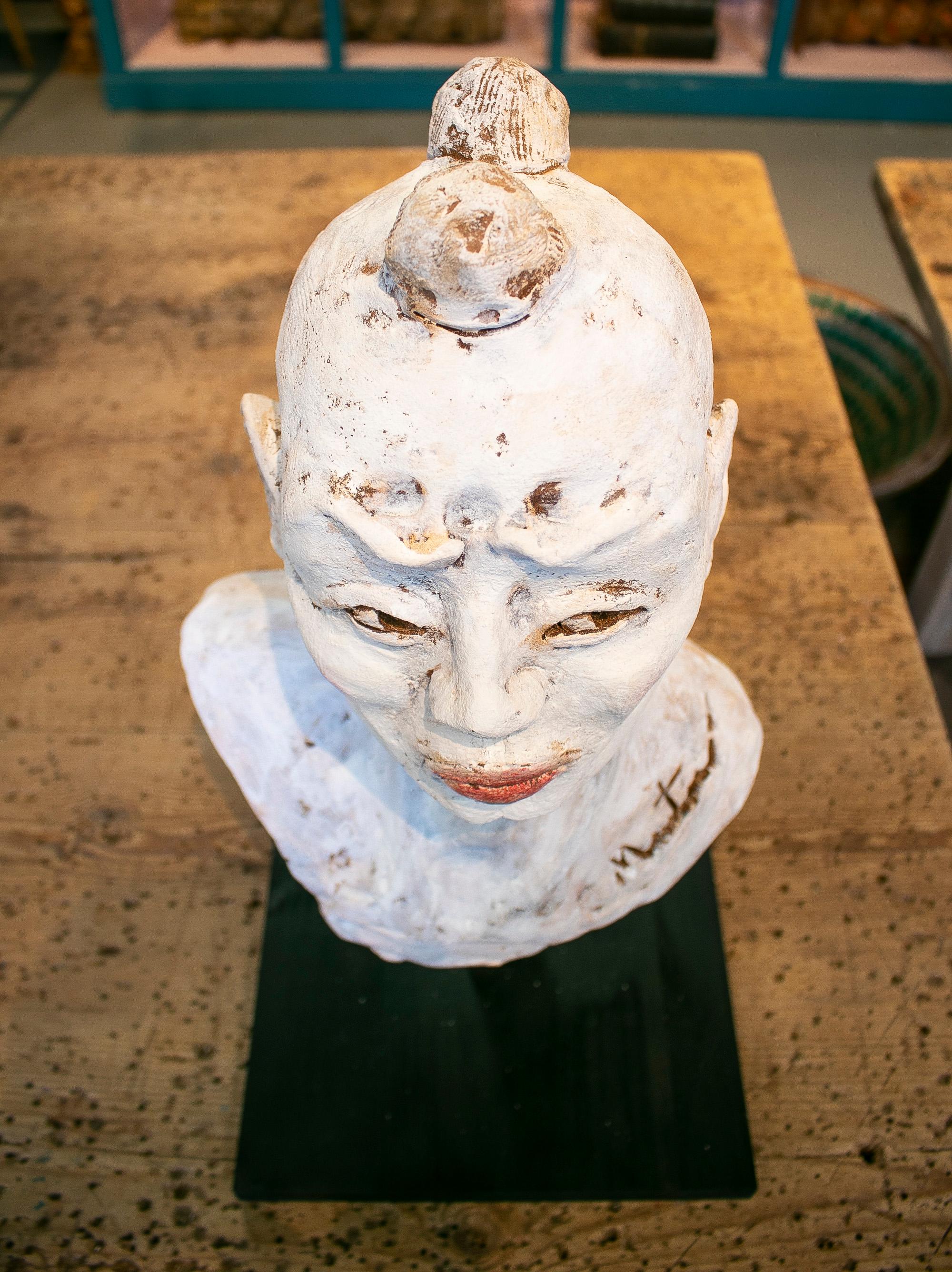 1990s Spanish Painted Terracotta Ceramic Japanese Man Bust Head 4