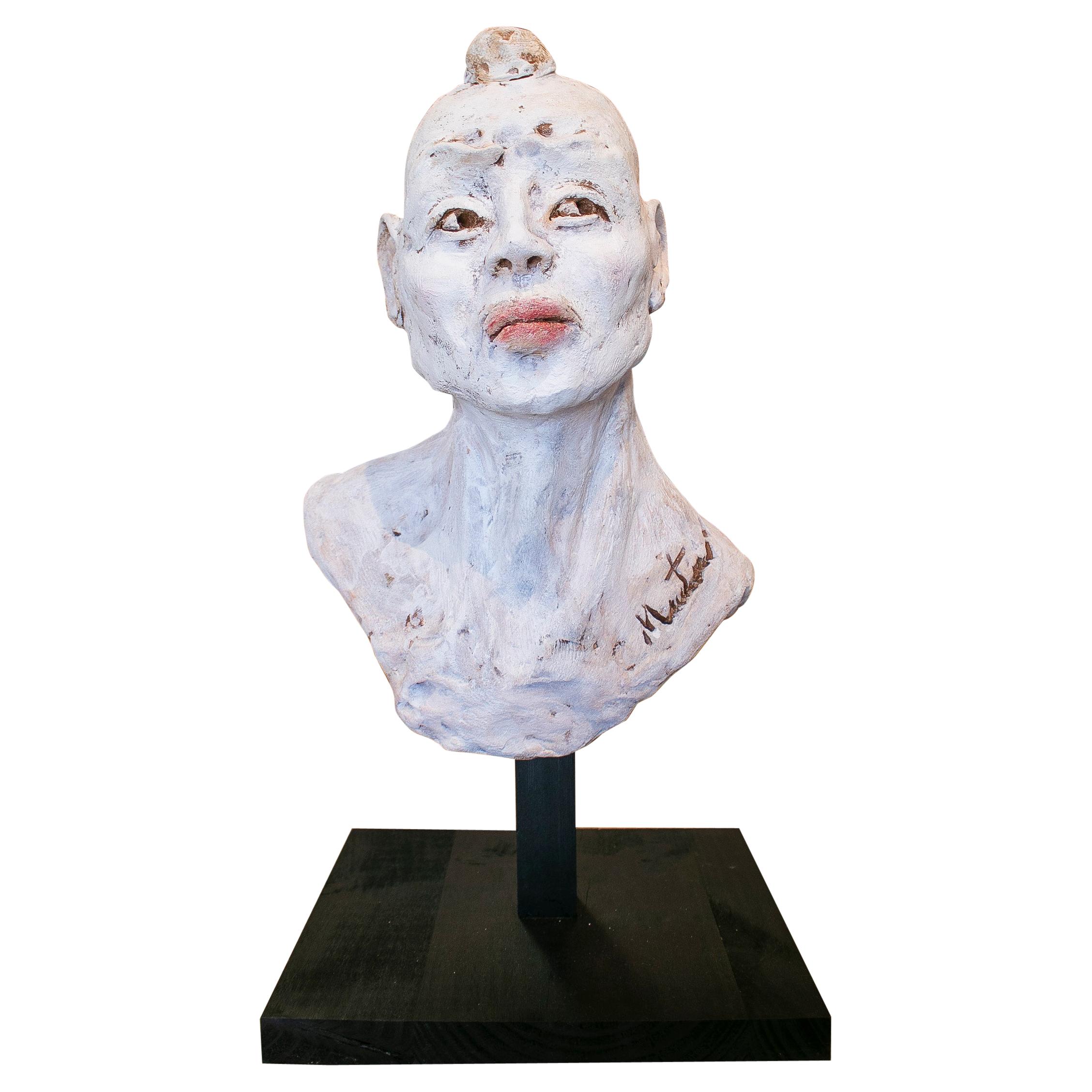 1990s Spanish Painted Terracotta Ceramic Japanese Man Bust Head