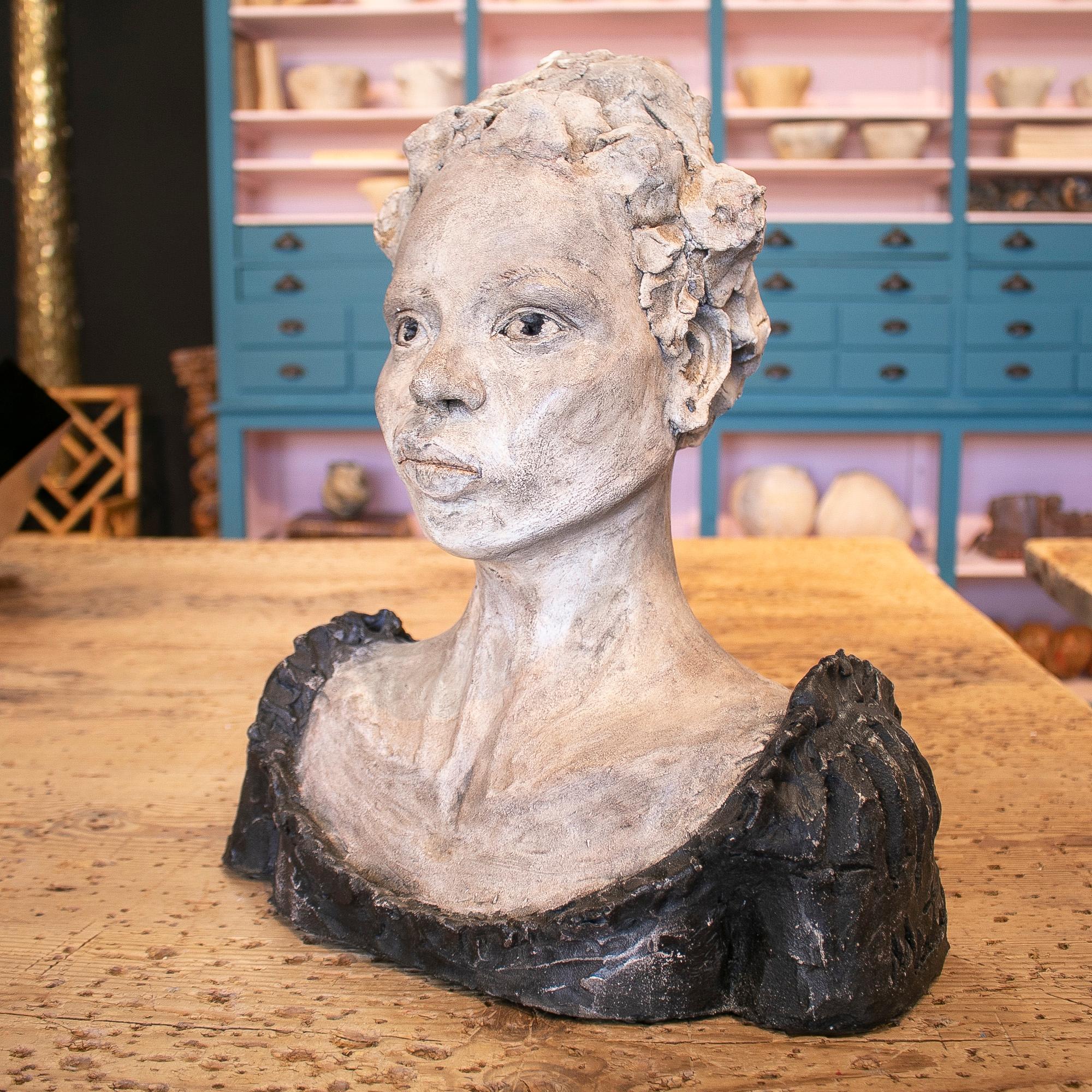 1990s Spanish painted terracotta ceramic Venetian woman bust head.
