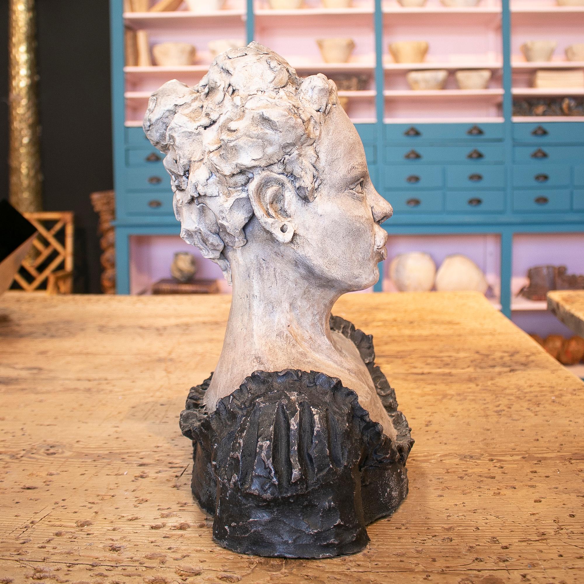 1990s Spanish Painted Terracotta Ceramic Venetian Woman Bust Head 3