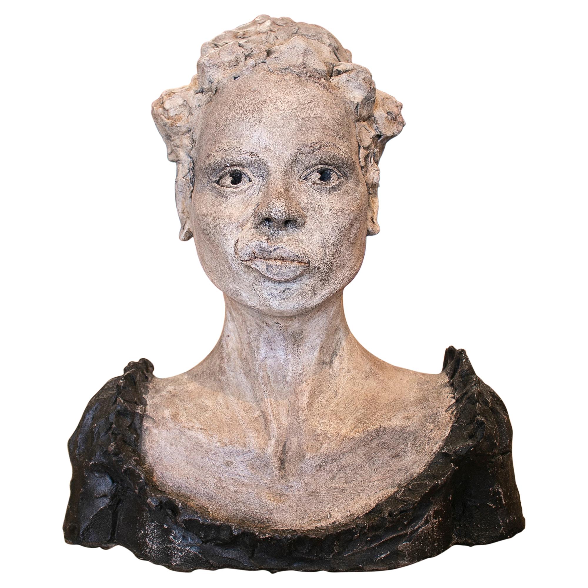 1990s Spanish Painted Terracotta Ceramic Venetian Woman Bust Head