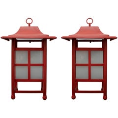 1990s Spanish Pair of Red Iron Outdoor Wall Lamps