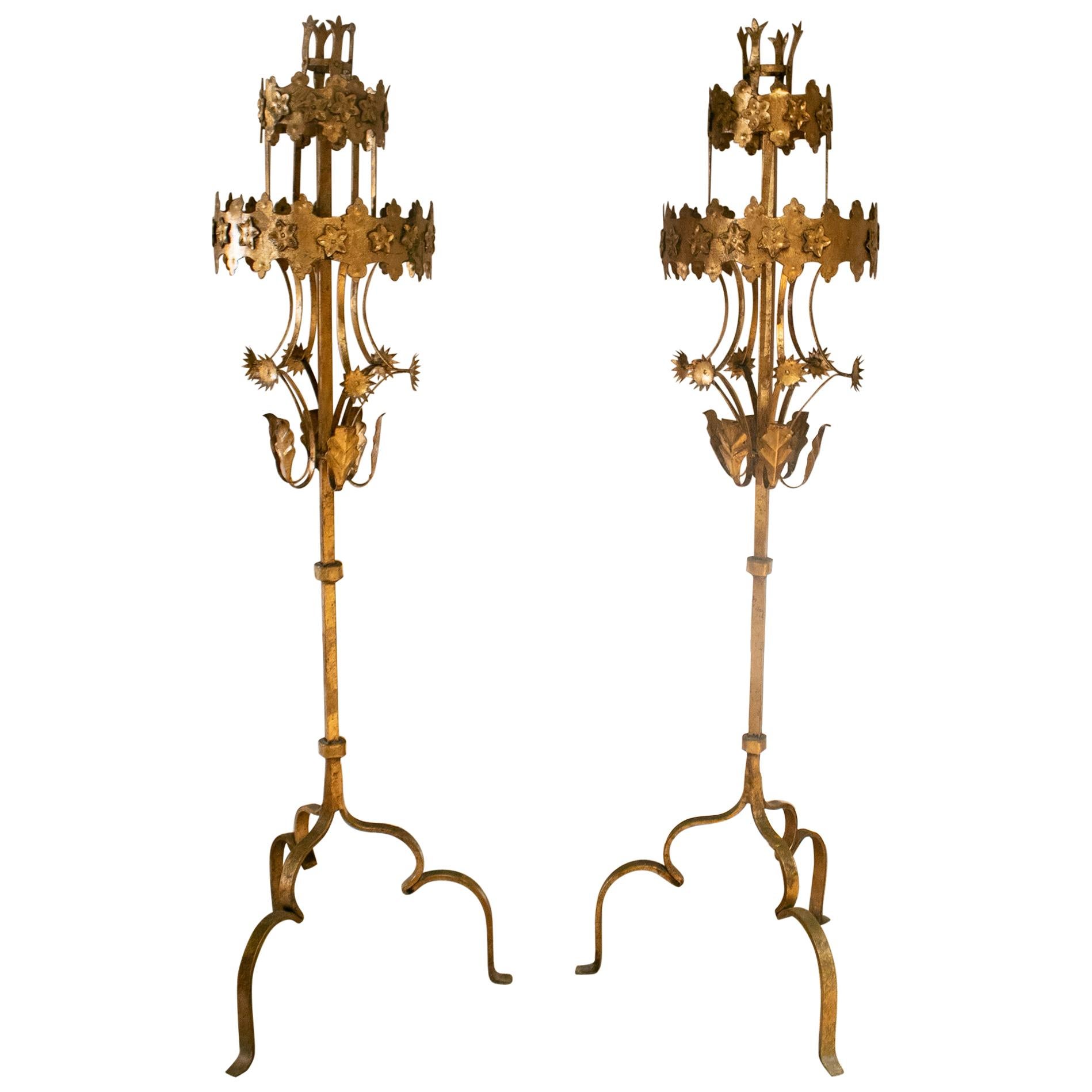 1990s Spanish Pair of Wrought Iron Two-Tier Tall Candle Stand For Sale