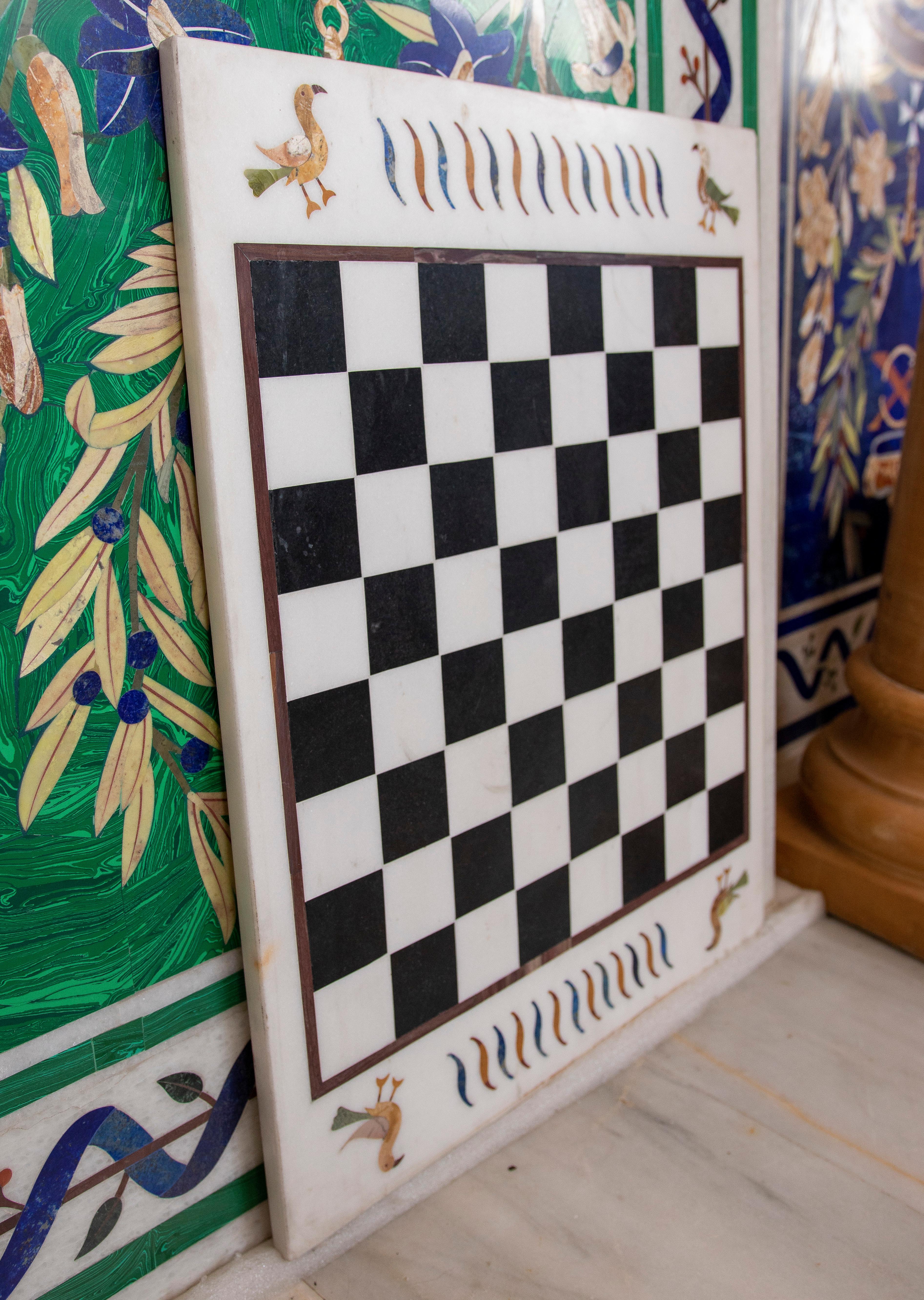 1990s Spanish Pietra Dura inlay mosaic square table top with chess board, handmade with semiprecious gemstones including blue lapis lazuli and green malachite.
      