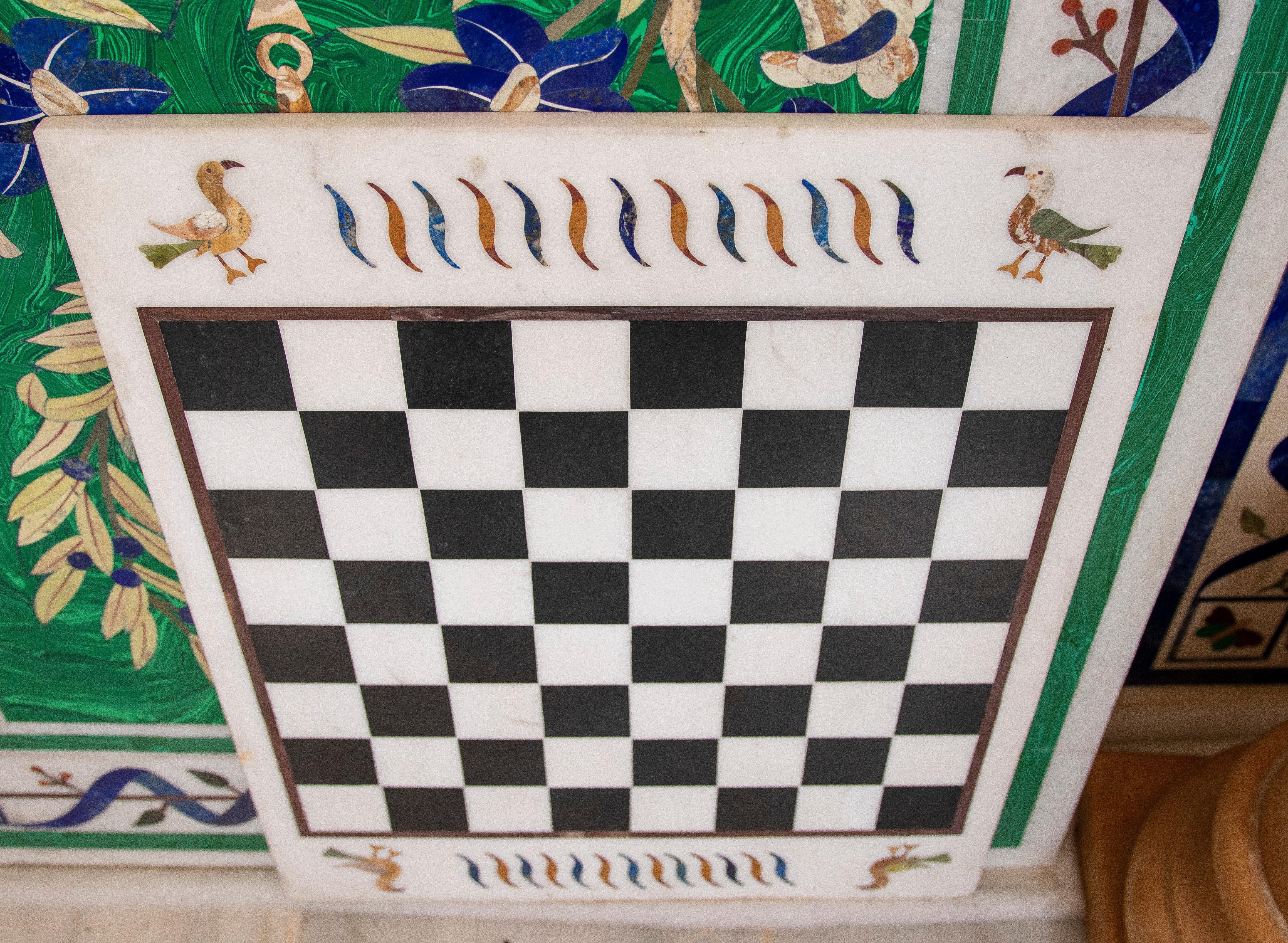 European 1990s Spanish Pietra Dura Inlay Mosaic Marble Top w/ Chessboard For Sale