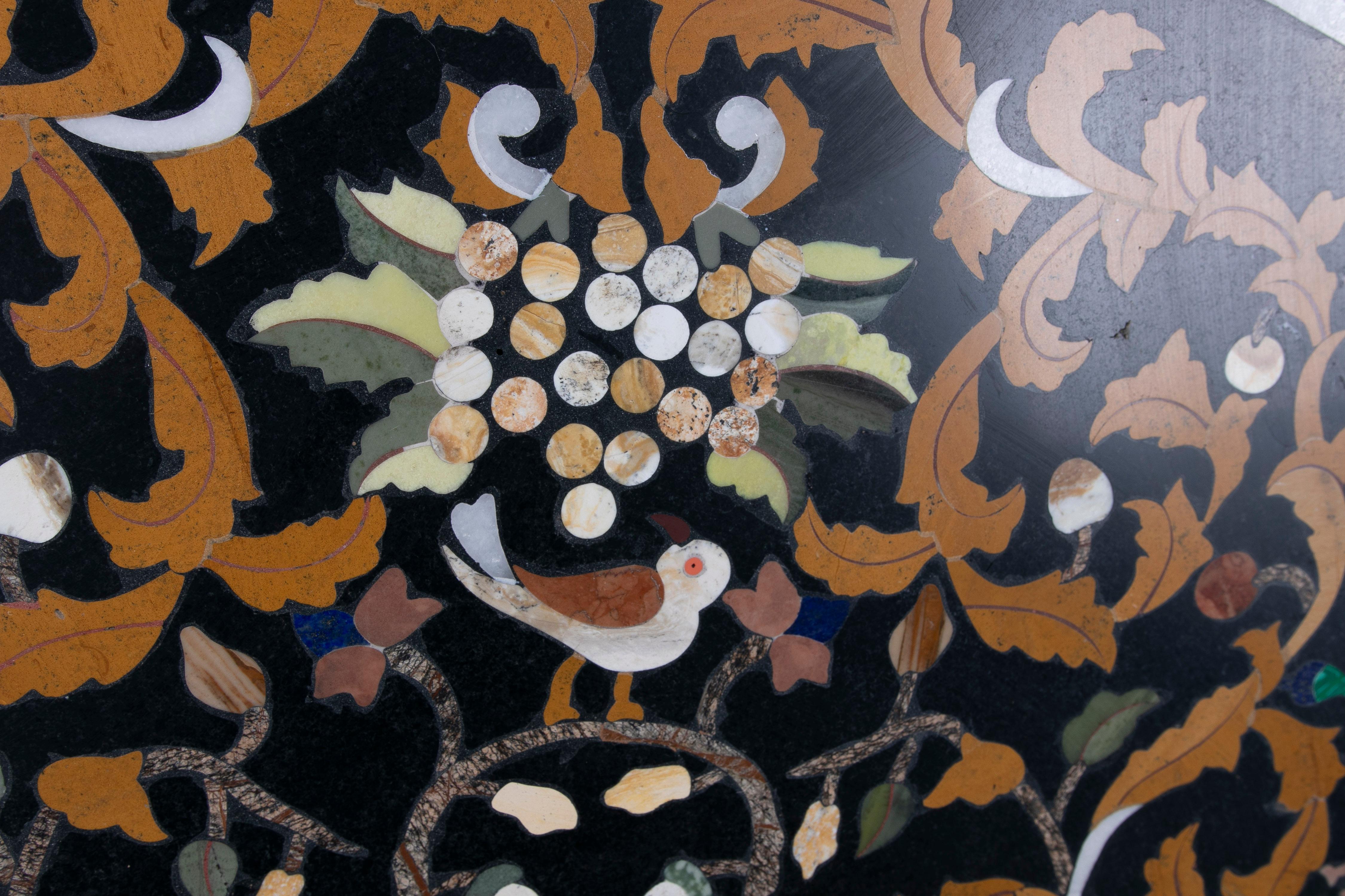 1990s Spanish Pietra Dura Mosaic Inlay Round Black Marble Table Top w/ Gemstones For Sale 5