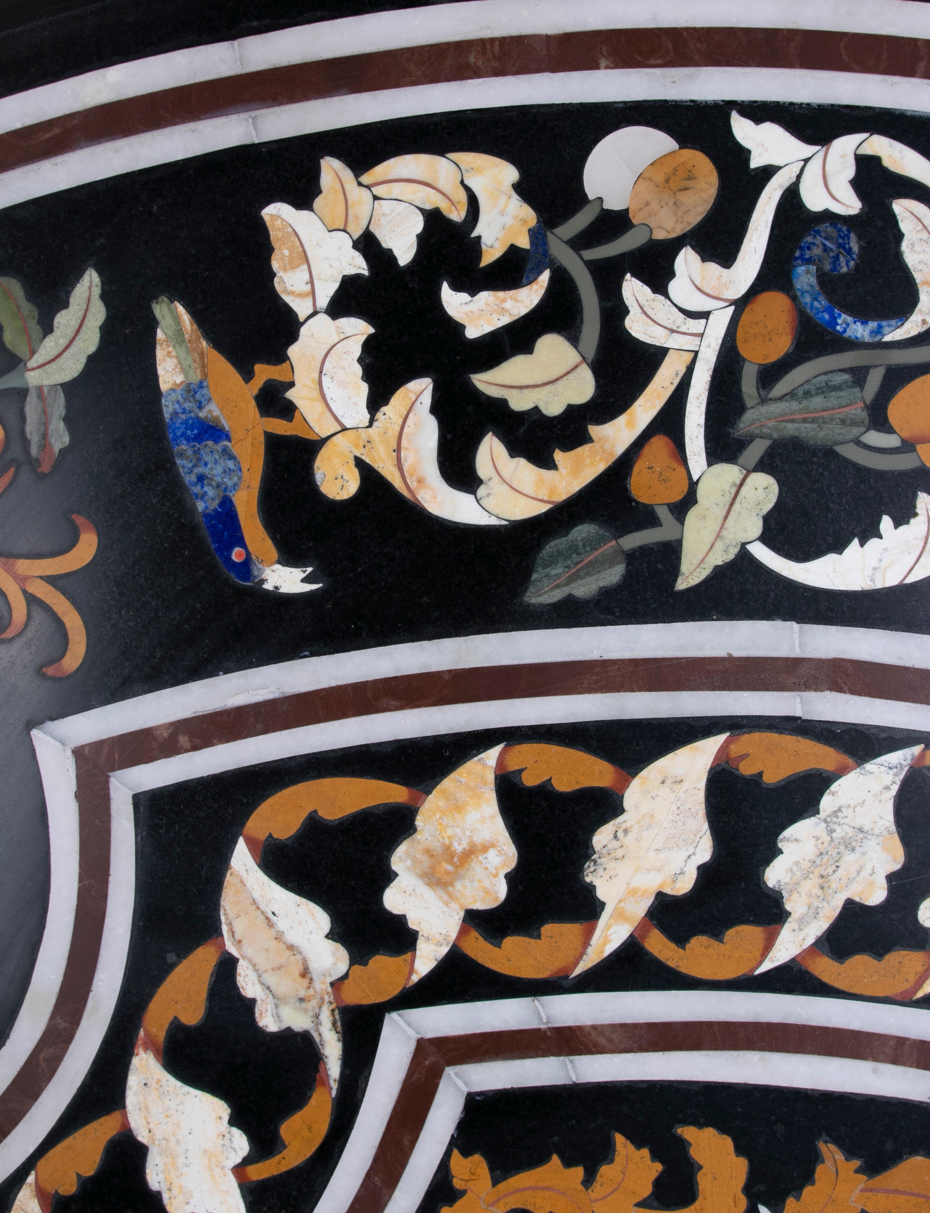 1990s Spanish Pietra Dura Mosaic Inlay Round Black Marble Table Top w/ Gemstones For Sale 9