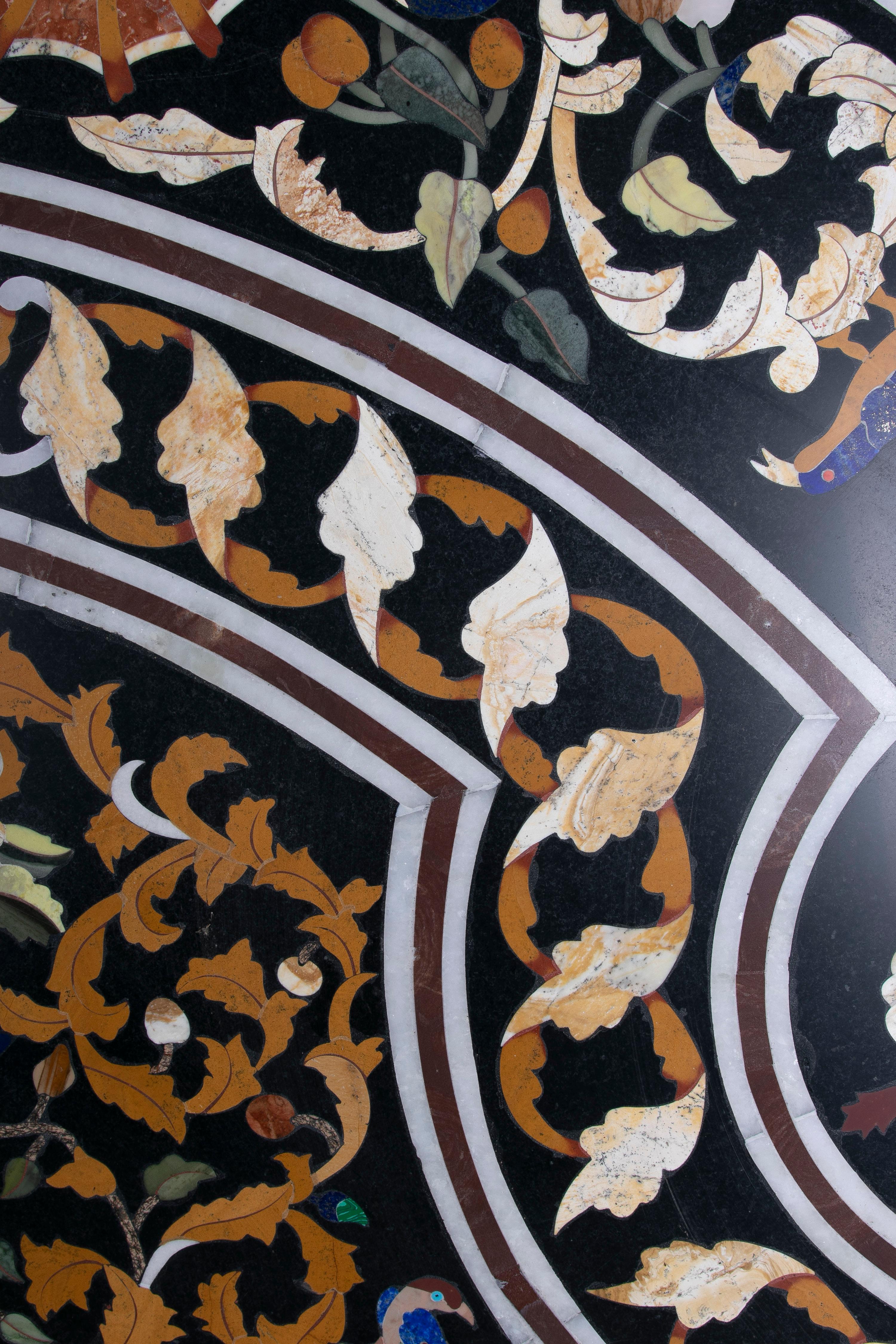 1990s Spanish Pietra Dura Mosaic Inlay Round Black Marble Table Top w/ Gemstones For Sale 10