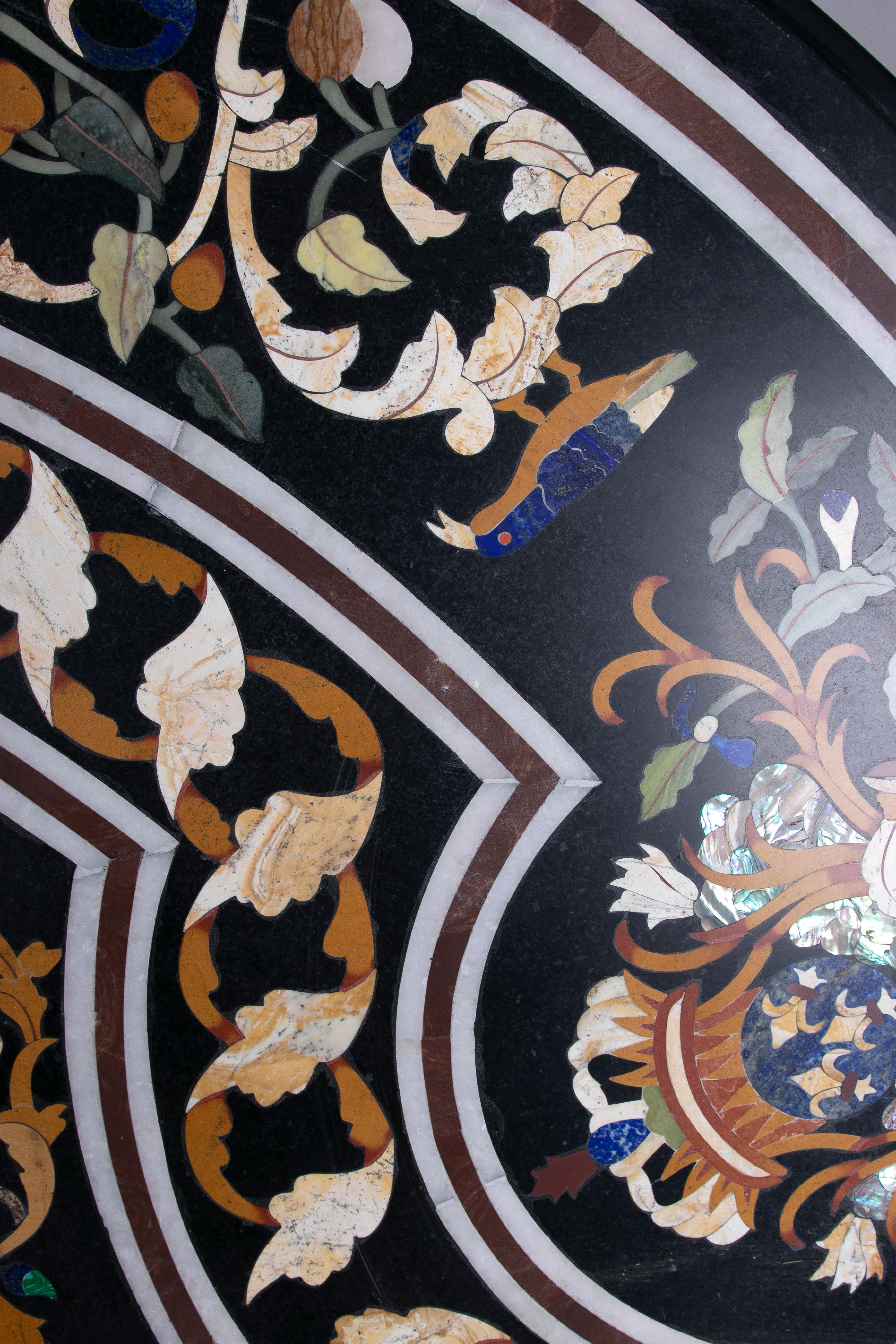 1990s Spanish Pietra Dura Mosaic Inlay Round Black Marble Table Top w/ Gemstones For Sale 11