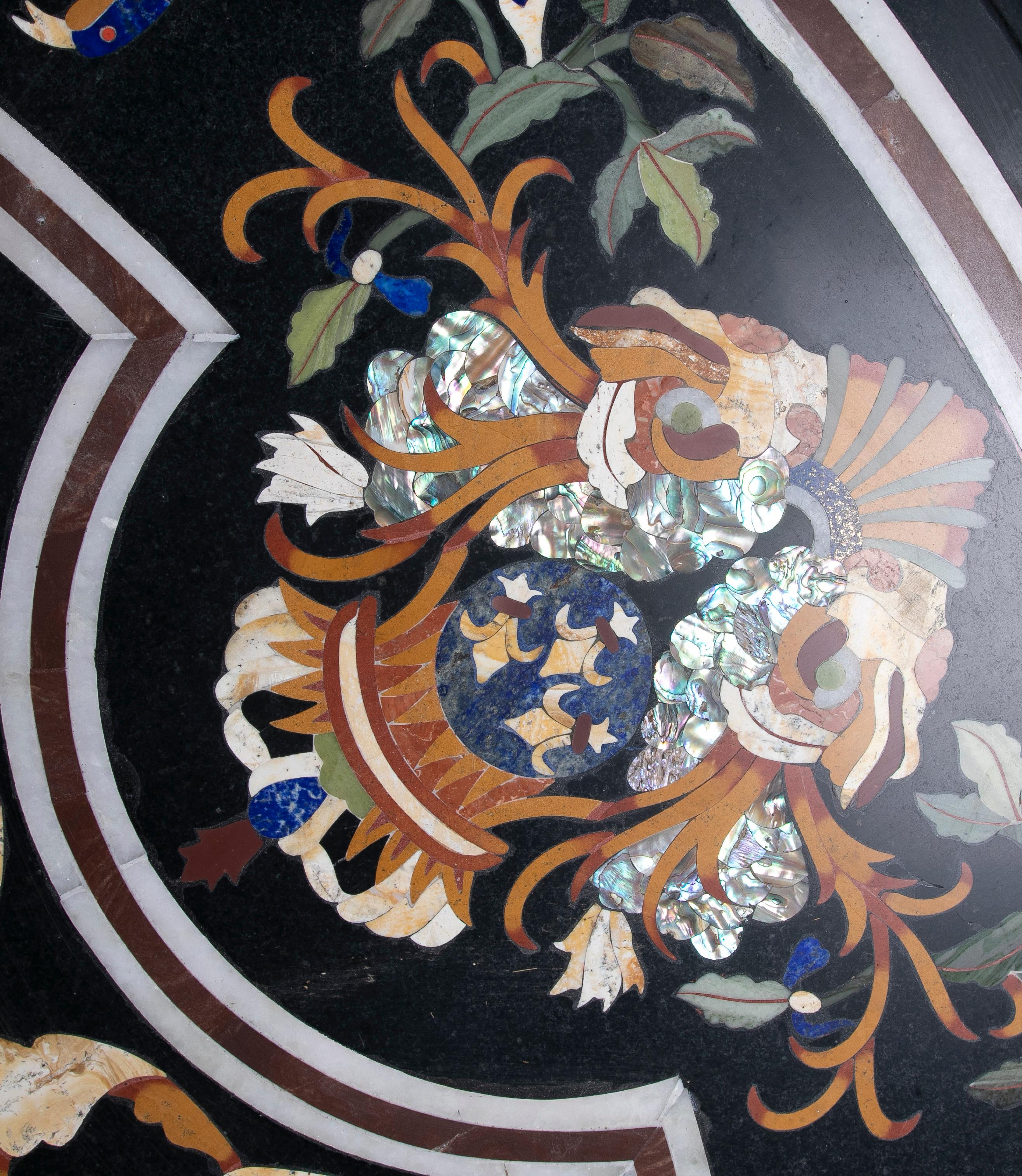 1990s Spanish Pietra Dura Mosaic Inlay Round Black Marble Table Top w/ Gemstones For Sale 13