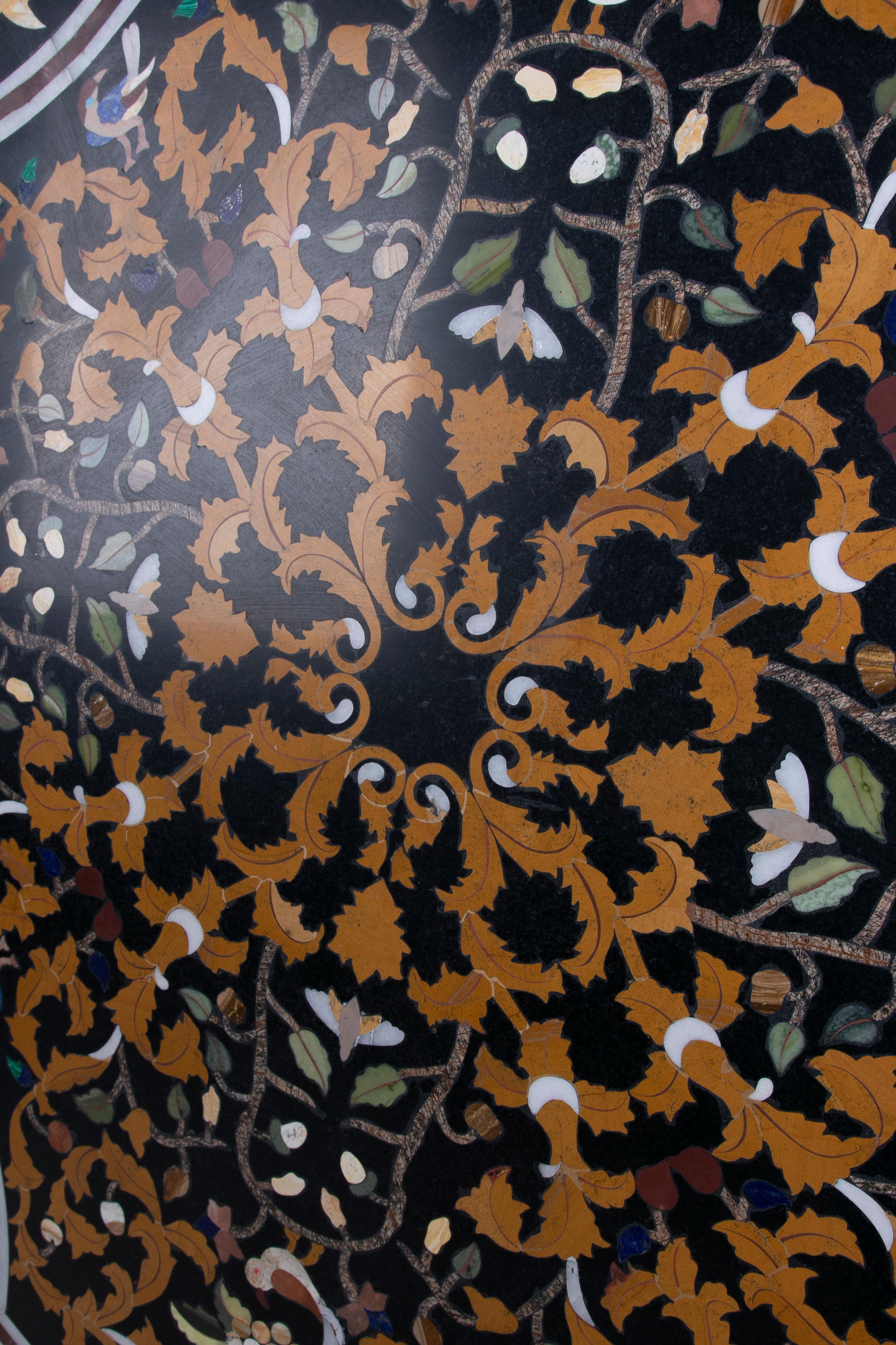 1990s Spanish Pietra Dura Mosaic Inlay Round Black Marble Table Top w/ Gemstones For Sale 14