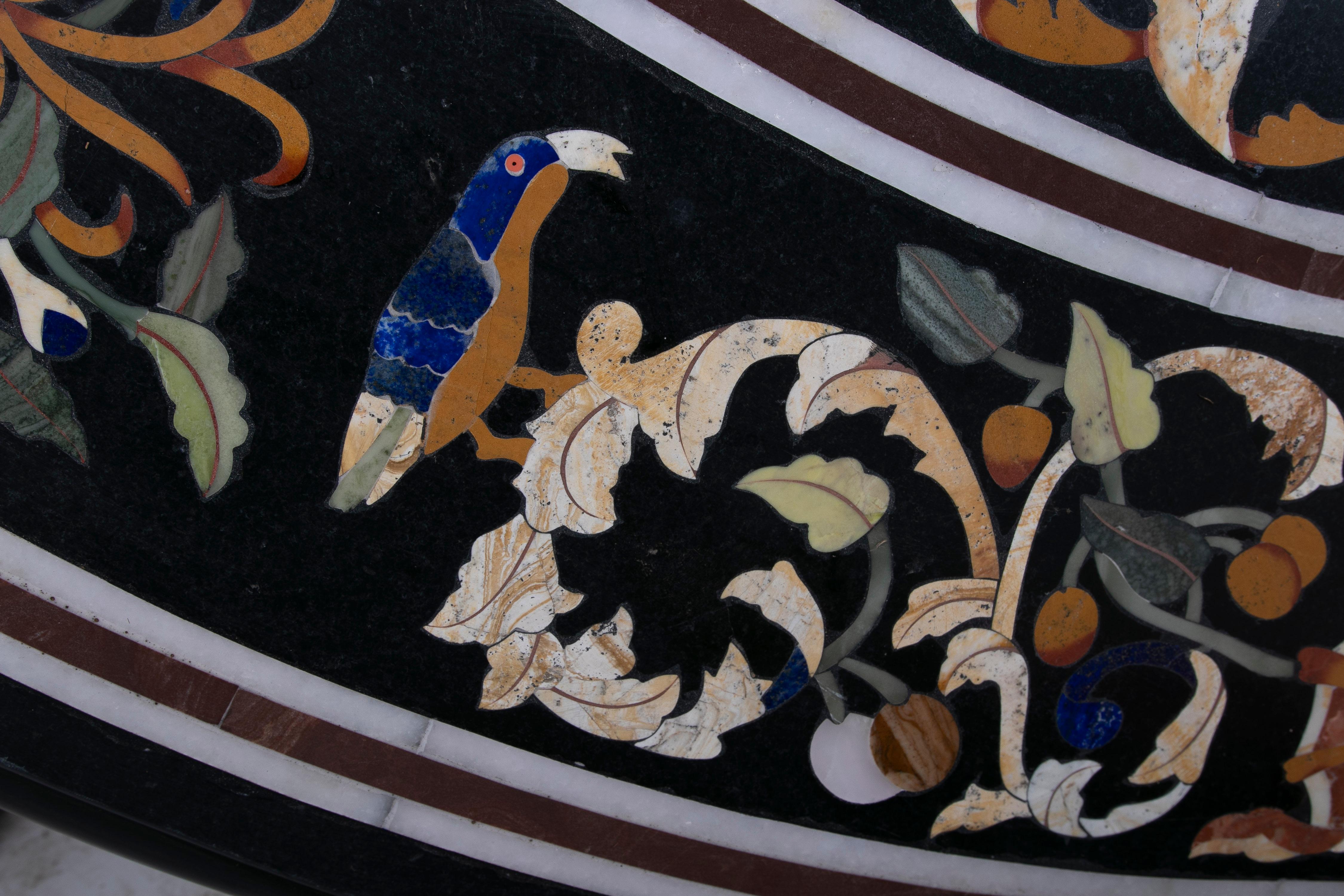 1990s Spanish Pietra Dura Mosaic Inlay Round Black Marble Table Top w/ Gemstones For Sale 3