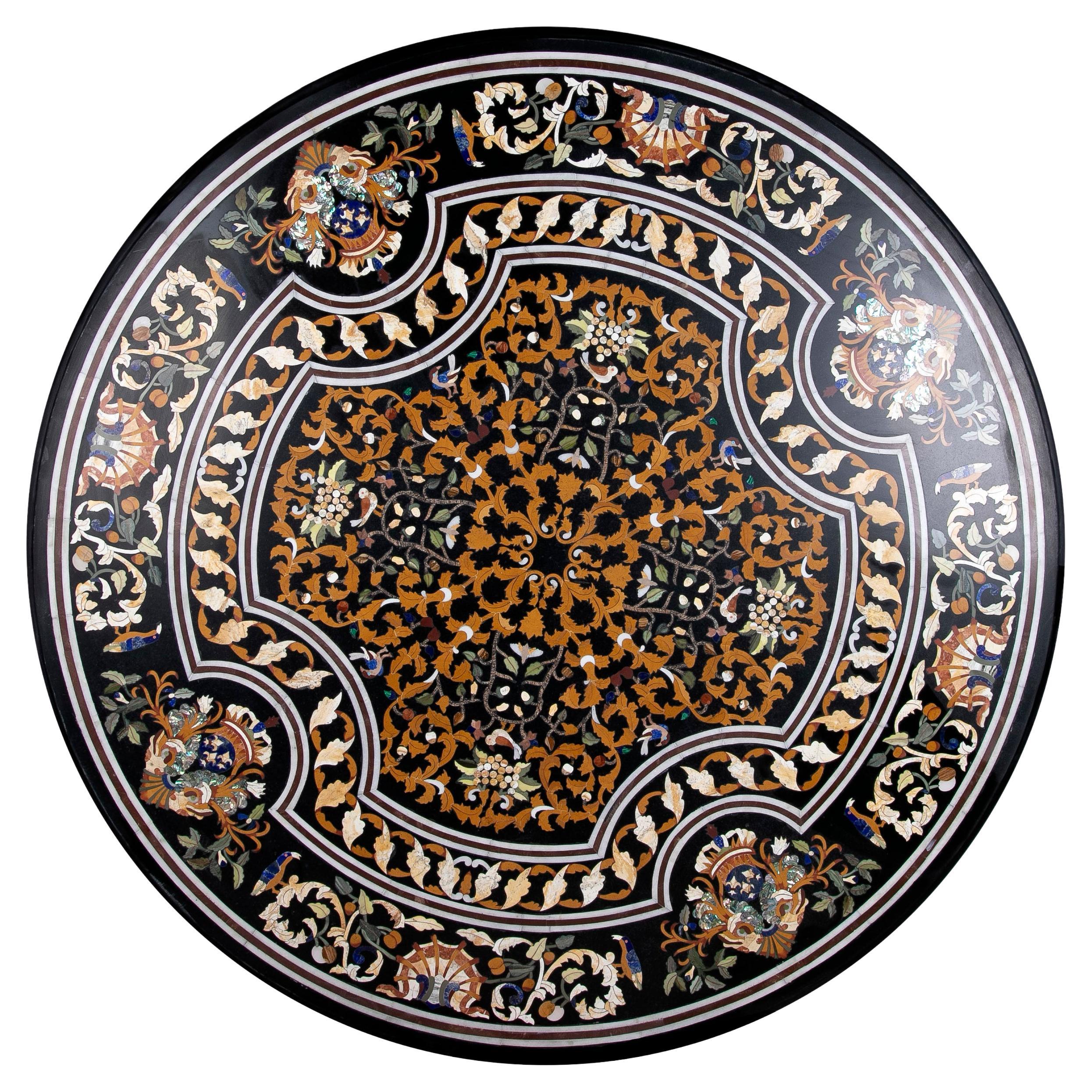 1990s Spanish Pietra Dura Mosaic Inlay Round Black Marble Table Top w/ Gemstones