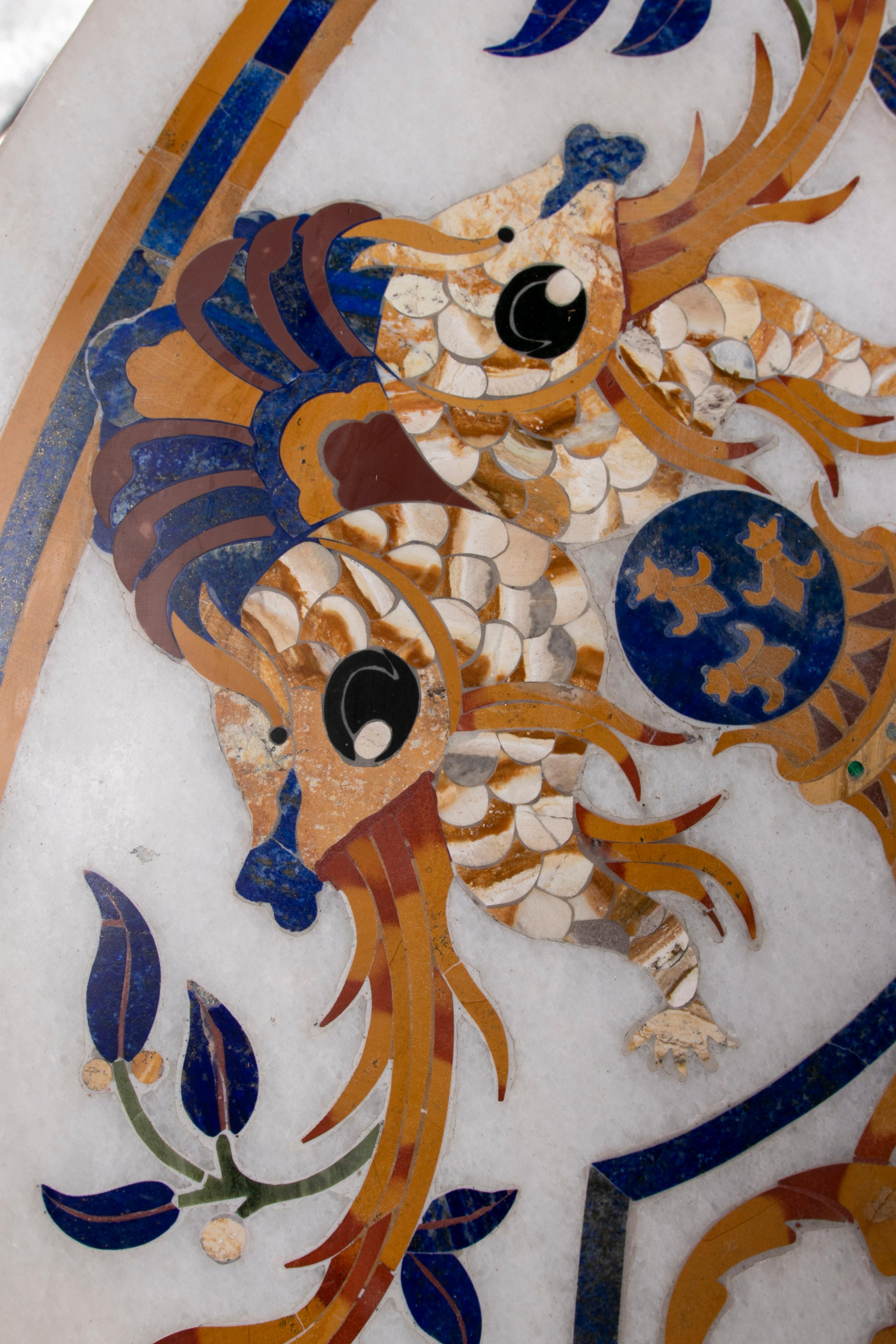 1990er Jahre Spanisch Pietra Dura Mosaik Inlay Runde Weiß Marmor Tischplatte w / Edelsteine im Angebot 12