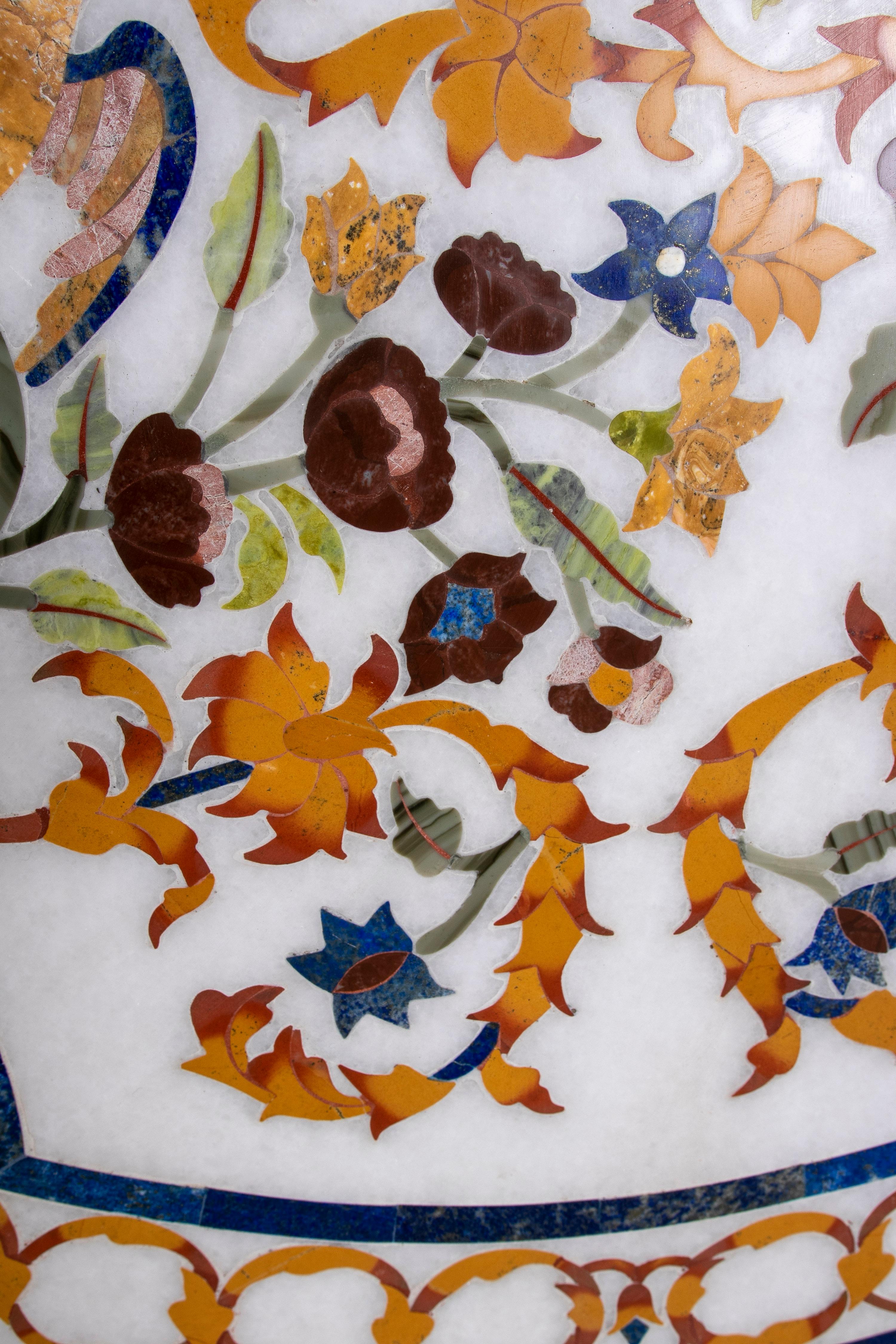 20th Century 1990s Spanish Pietra Dura Mosaic Inlay Round White Marble Table Top w/ Gemstones For Sale