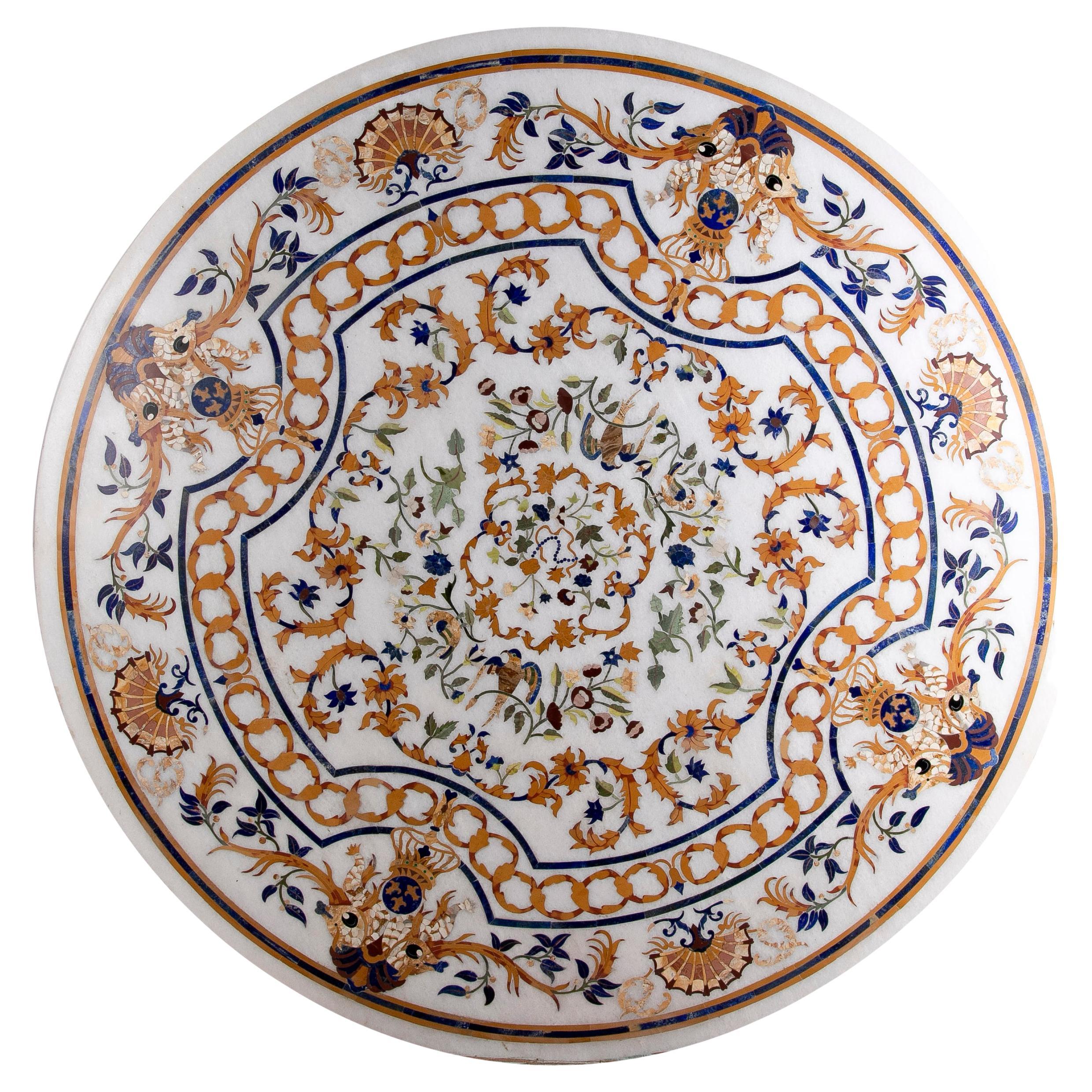 1990s Spanish Pietra Dura Mosaic Inlay Round White Marble Table Top w/ Gemstones For Sale
