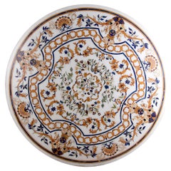 1990s Spanish Pietra Dura Mosaic Inlay Round White Marble Table Top w/ Gemstones