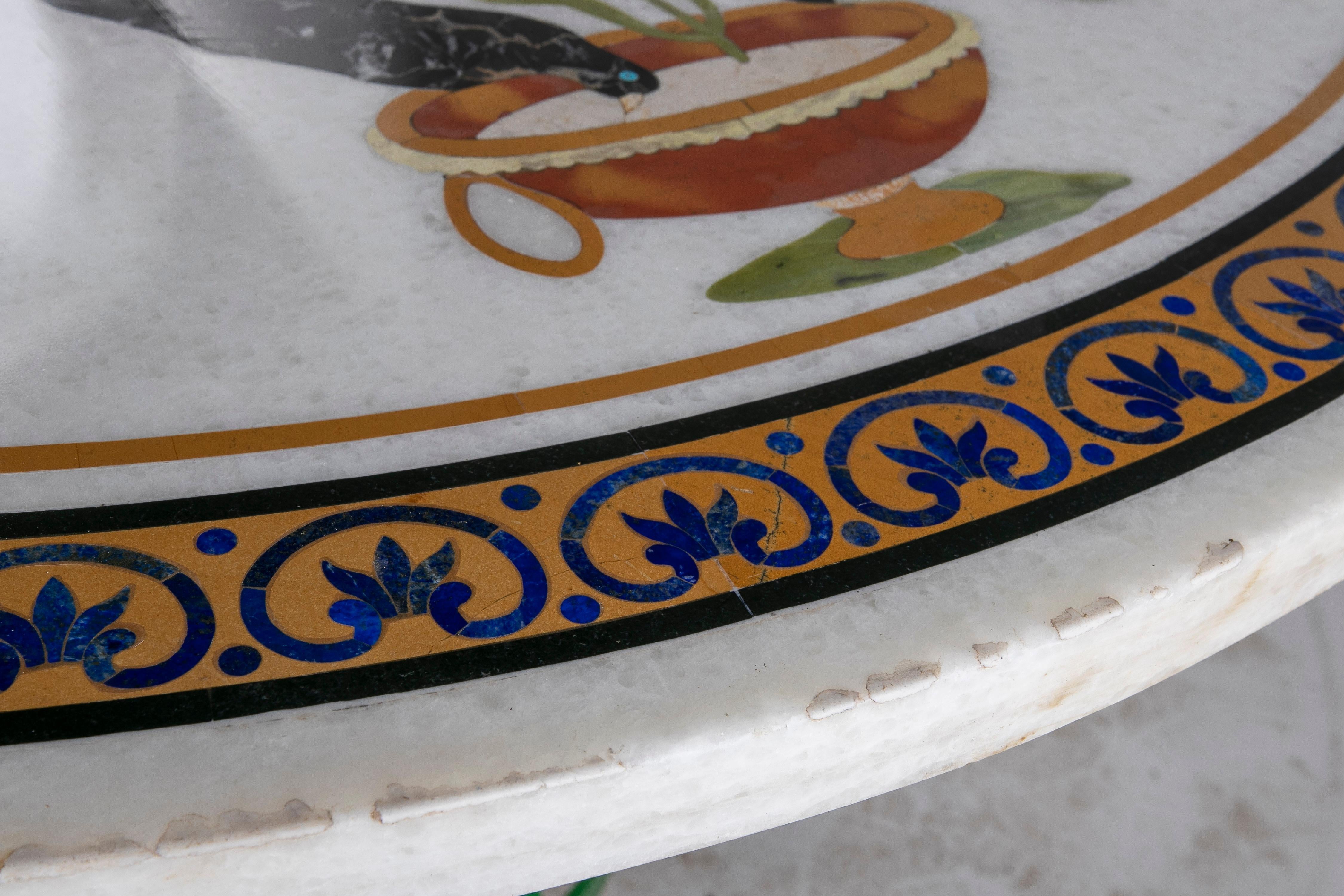 1990s Spanish Pietra Dura Mosaic Inlay Round White Marble Table Top w/ Lapis For Sale 6