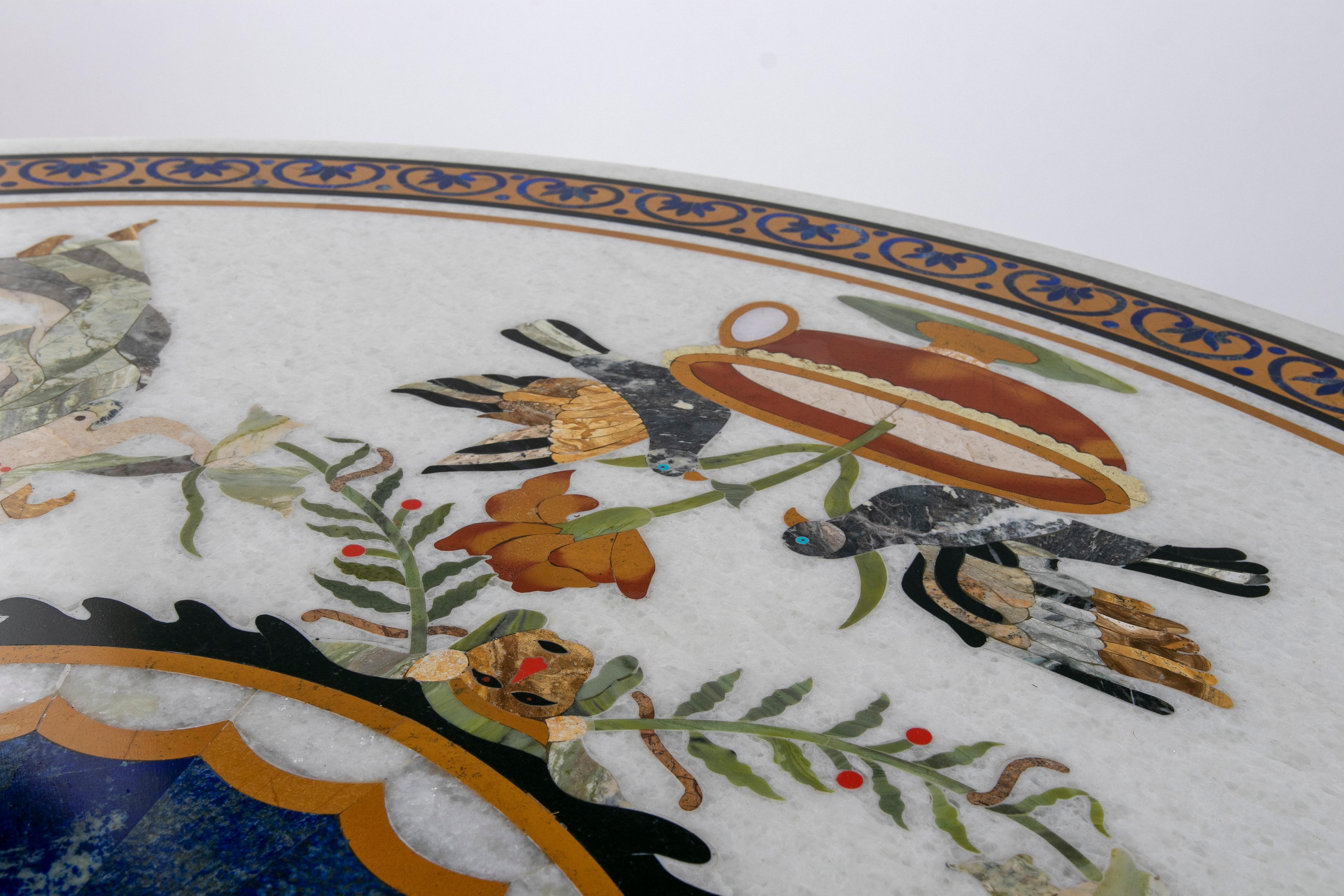 1990s Spanish Pietra Dura Mosaic Inlay Round White Marble Table Top w/ Lapis For Sale 8