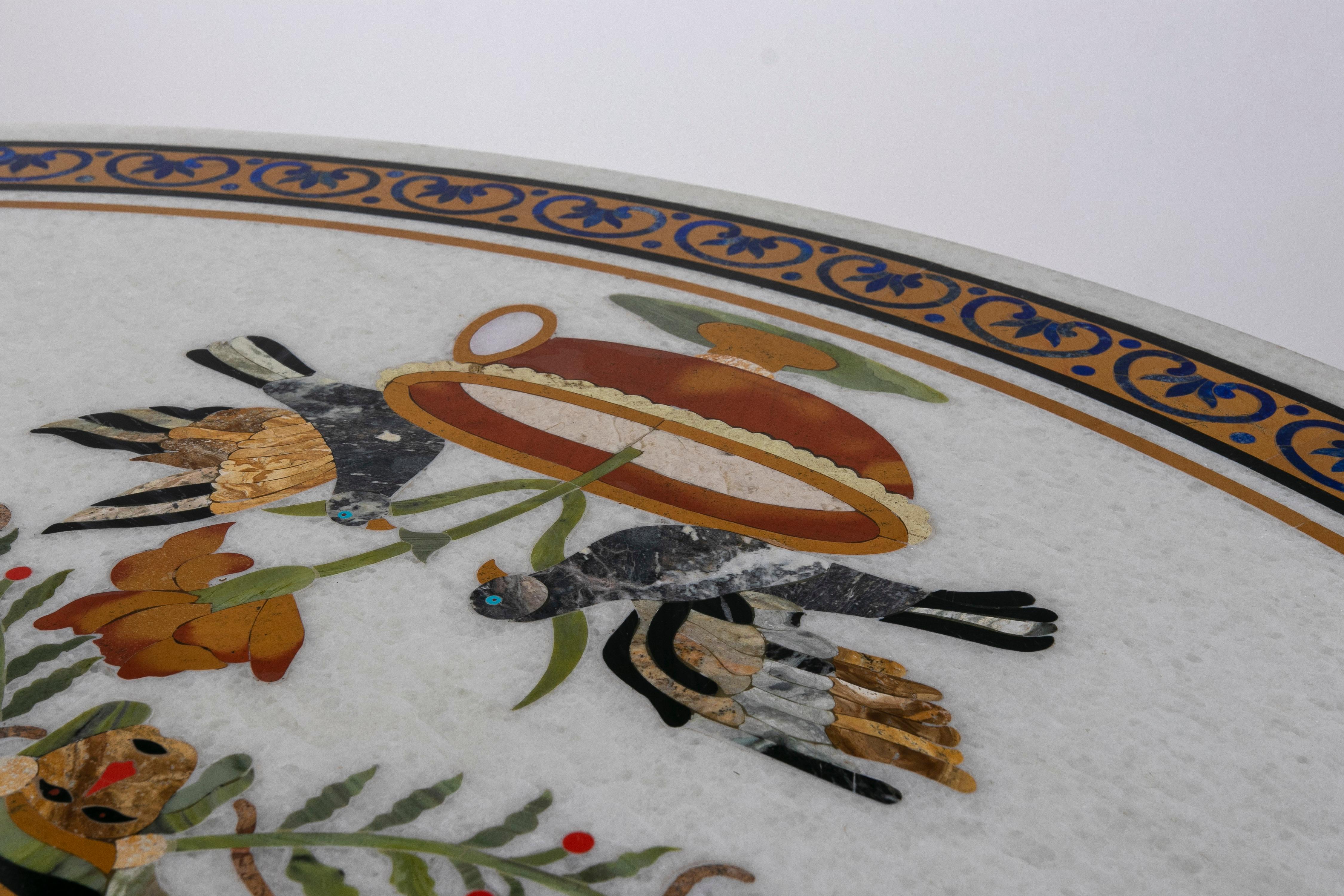 1990s Spanish Pietra Dura Mosaic Inlay Round White Marble Table Top w/ Lapis For Sale 9