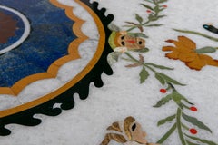 1990s Spanish Pietra Dura Mosaic Inlay Round White Marble Table Top w/ Lapis