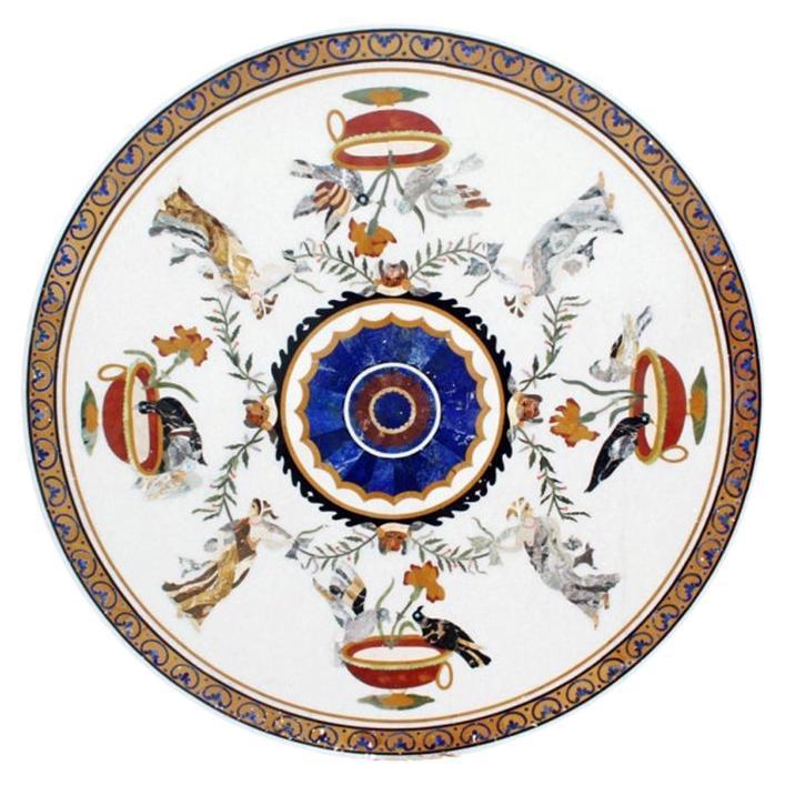 1990s Spanish Pietra Dura Mosaic Inlay Round White Marble Table Top w/ Lapis