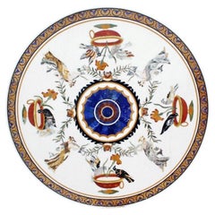 Vintage 1990s Spanish Pietra Dura Mosaic Inlay Round White Marble Table Top w/ Lapis