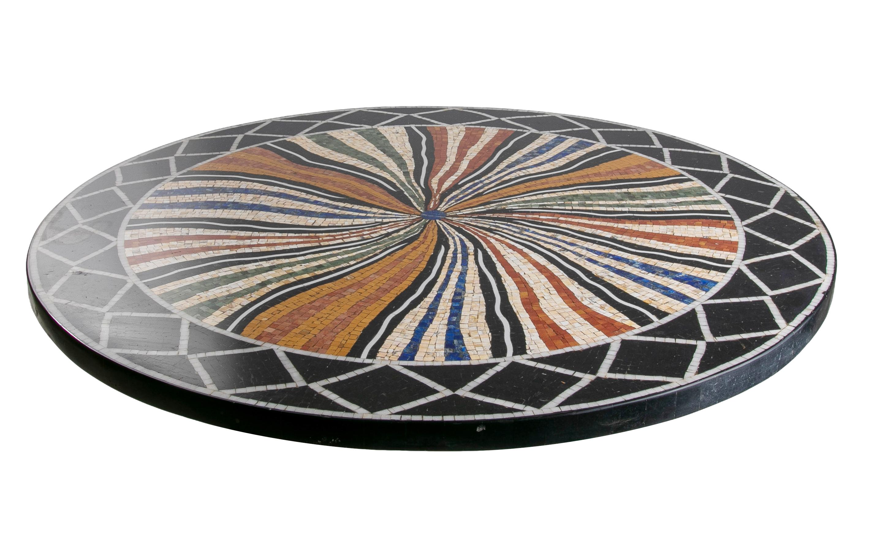 Handcrafted 1990s Spanish classical Roman mosaic round marble table top with lapis lazuli semiprecious gemstones and an assortment of coloured marbles.