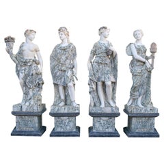 1990s Spanish Set of Four Seasons w/ Base Hand Carved in White & Breccia Marble