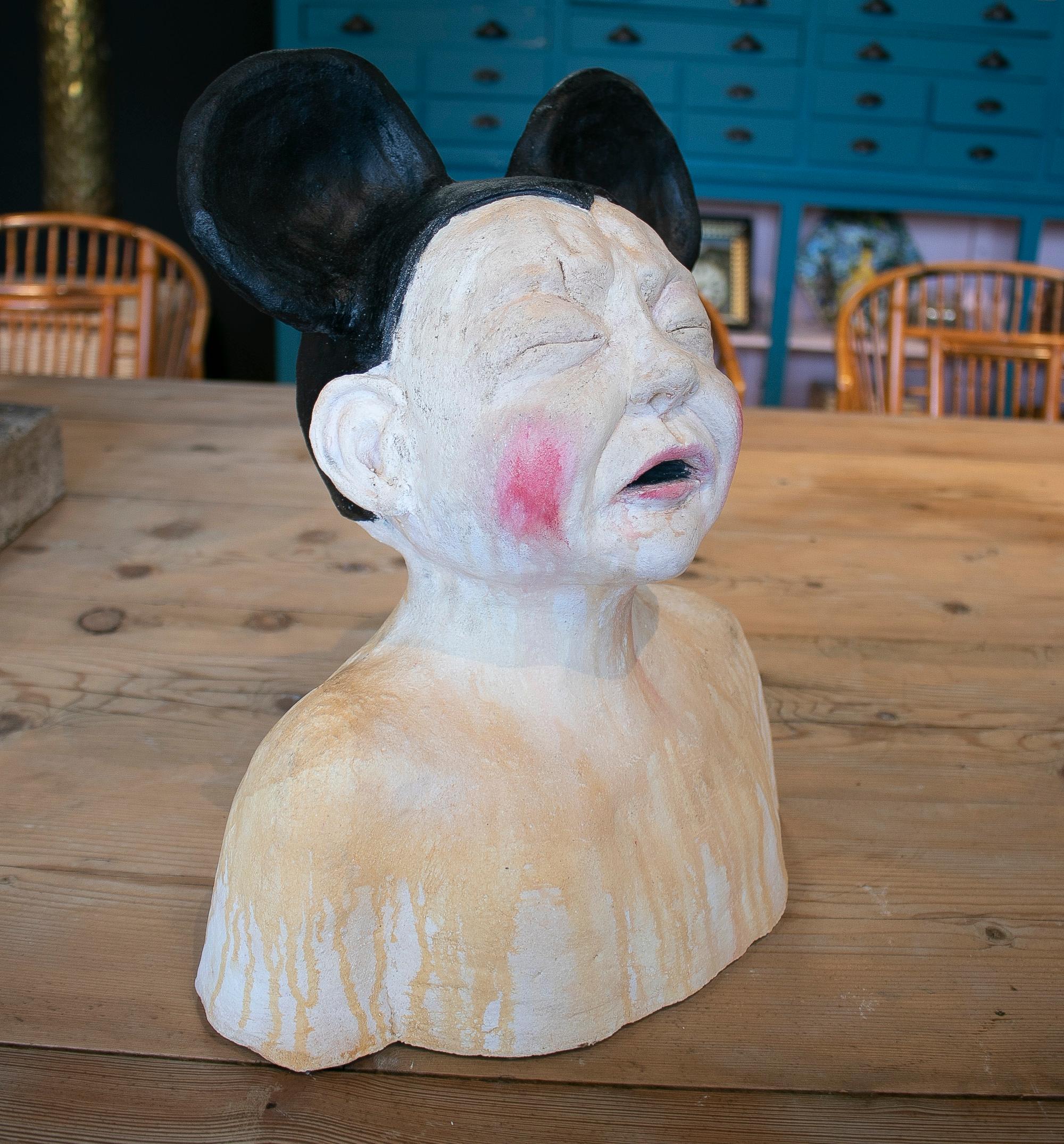 1990s Spanish signed terracotta ceramic bust of a crying woman with Mickey Mouse ears.