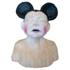 1990s Spanish Signed Terracotta Ceramic Bust of a Woman w/ Mickey Mouse Ears