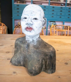 1990s Spanish Signed Terracotta Ceramic Woman Bust w/ Face Paint