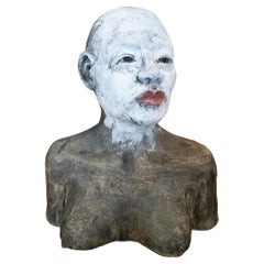 1990s Spanish Signed Terracotta Ceramic Woman Bust w/ Face Paint