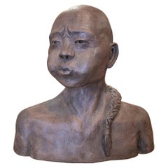 1990s Spanish Terracotta Ceramic Japanese Man Bust Head