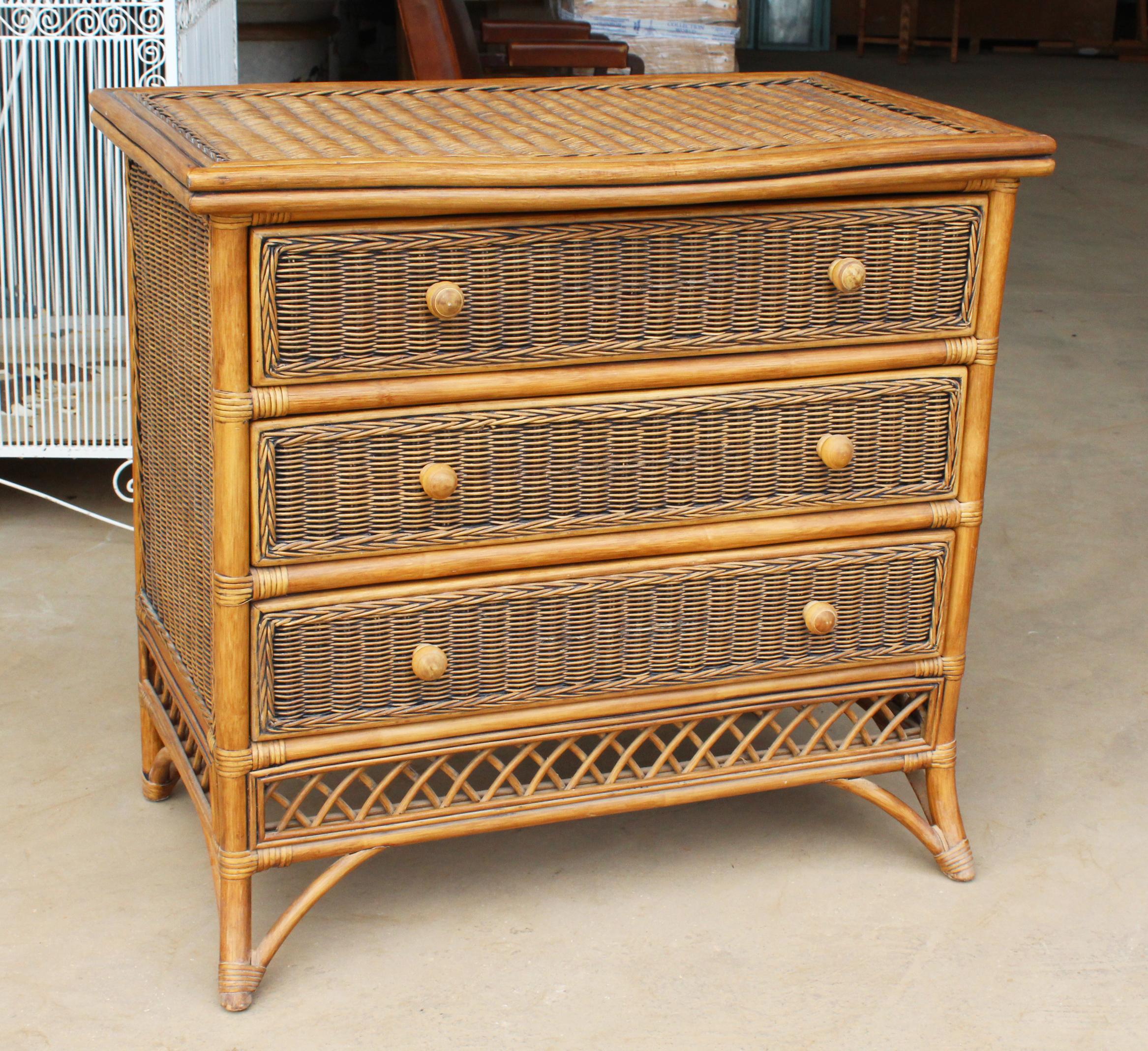 1990s Spanish wicker and bamboo three-drawer chest.