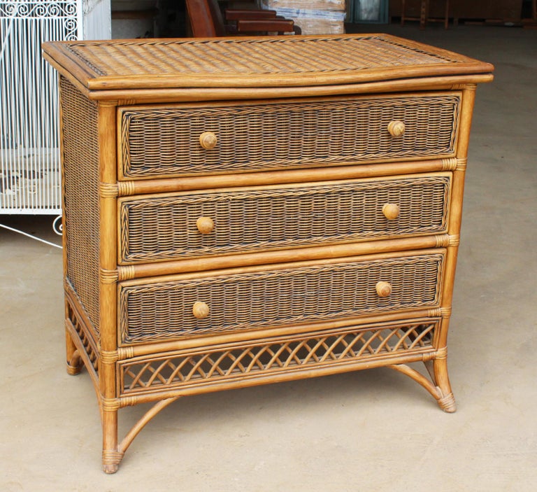 1990s Spanish Wicker And Bamboo Three Drawer Chest For Sale At 1stdibs