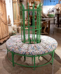 1990s Spanish Wrought Iron Green Tree Bench w/ Schumacher Fabric Seat Cushion